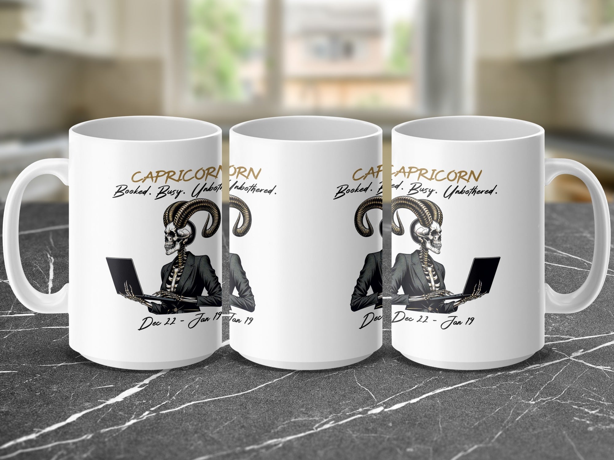 Capricorn zodiac mug with skeleton design and text "Booked. Busy. Unbothered."