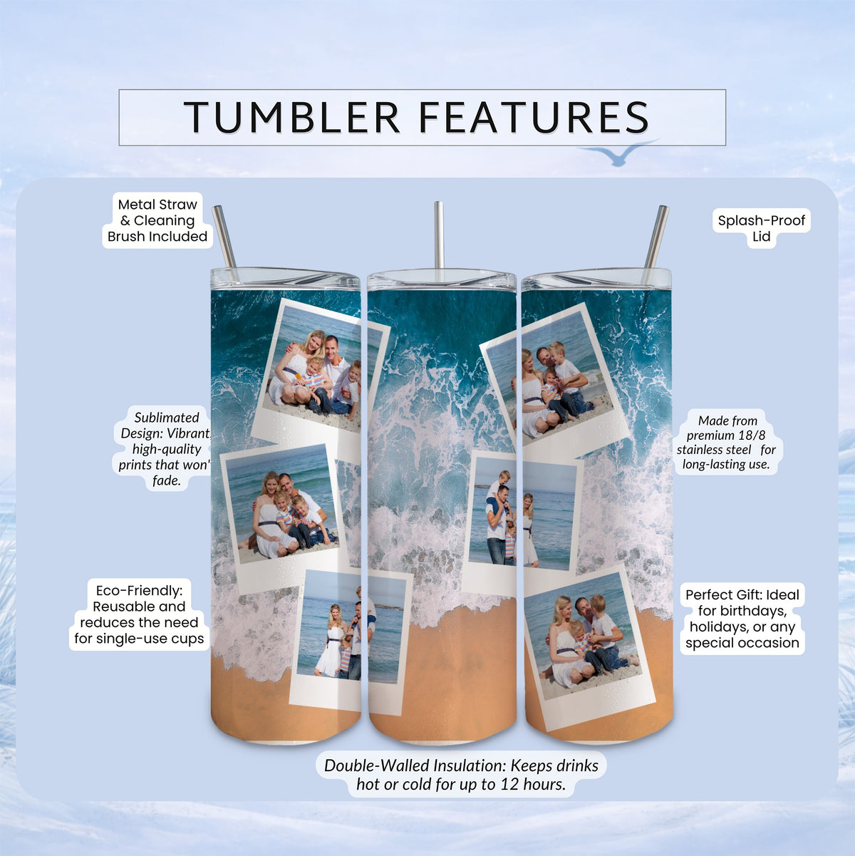 Tumbler with beach photos, metal straw, and feature descriptions.