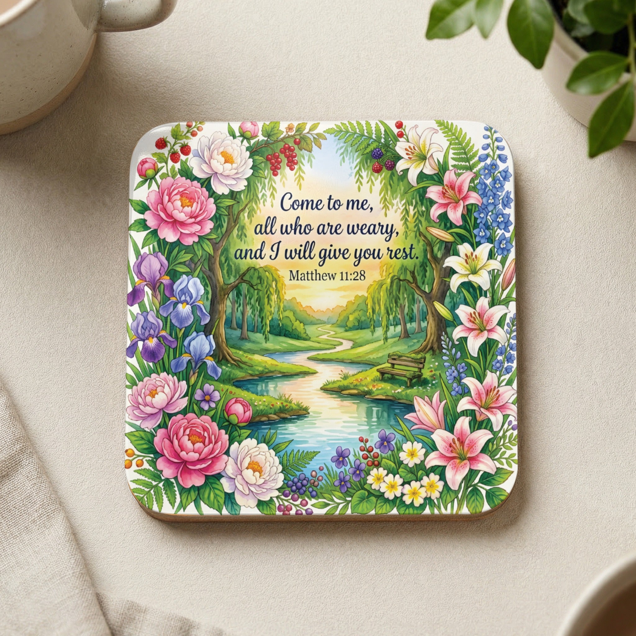 Floral scene with Bible verse Matthew 11:28 "Come to me, all who are weary, and I will give you rest."
