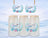 Three frosted glass tumblers with dolphin and floral wreath designs.