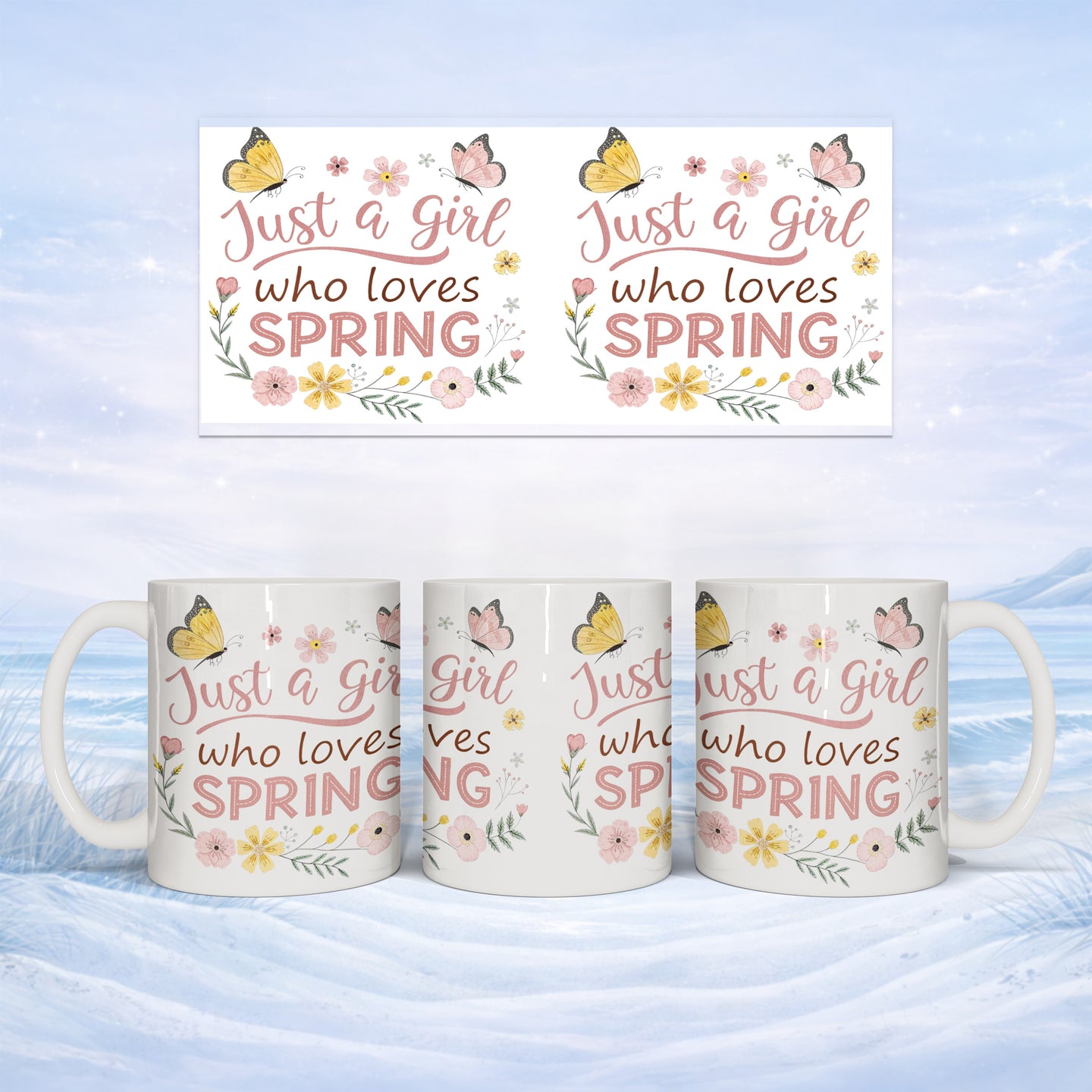 Mugs with "Just a girl who loves SPRING" and butterfly designs.