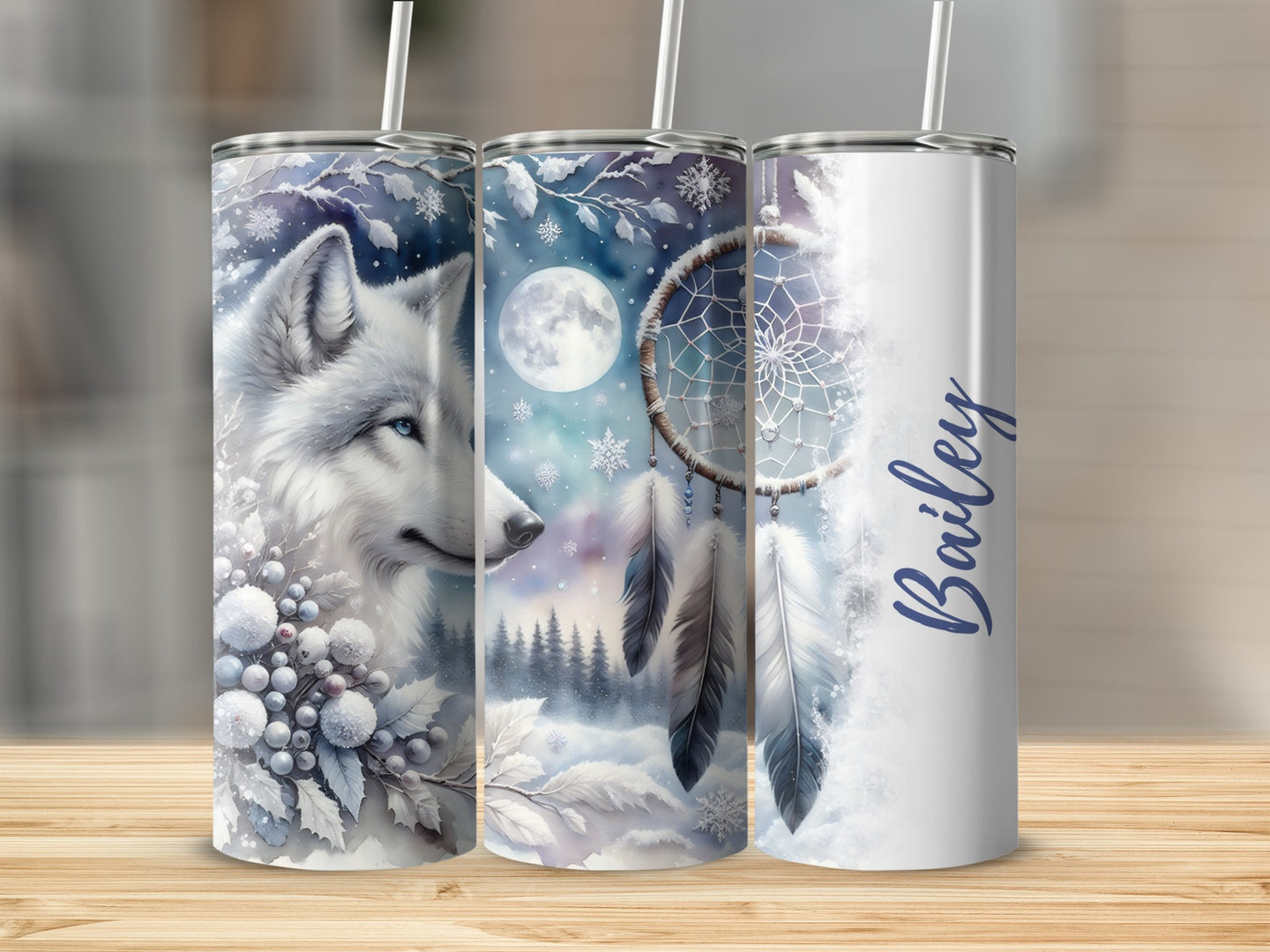 Winter wolf, snowflakes, and dreamcatcher on a personalized tumbler named Bailey.