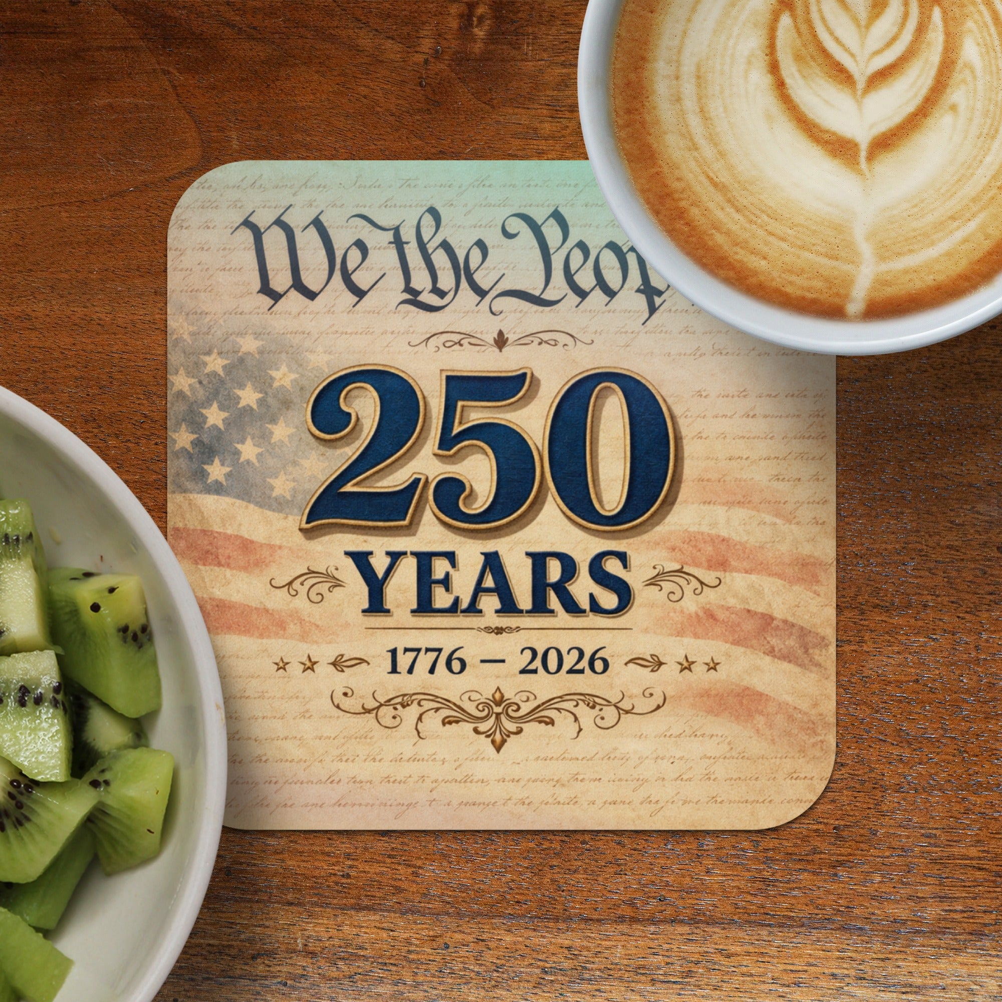 Coaster celebrating 250 years of "We the People" with American flag and coffee.