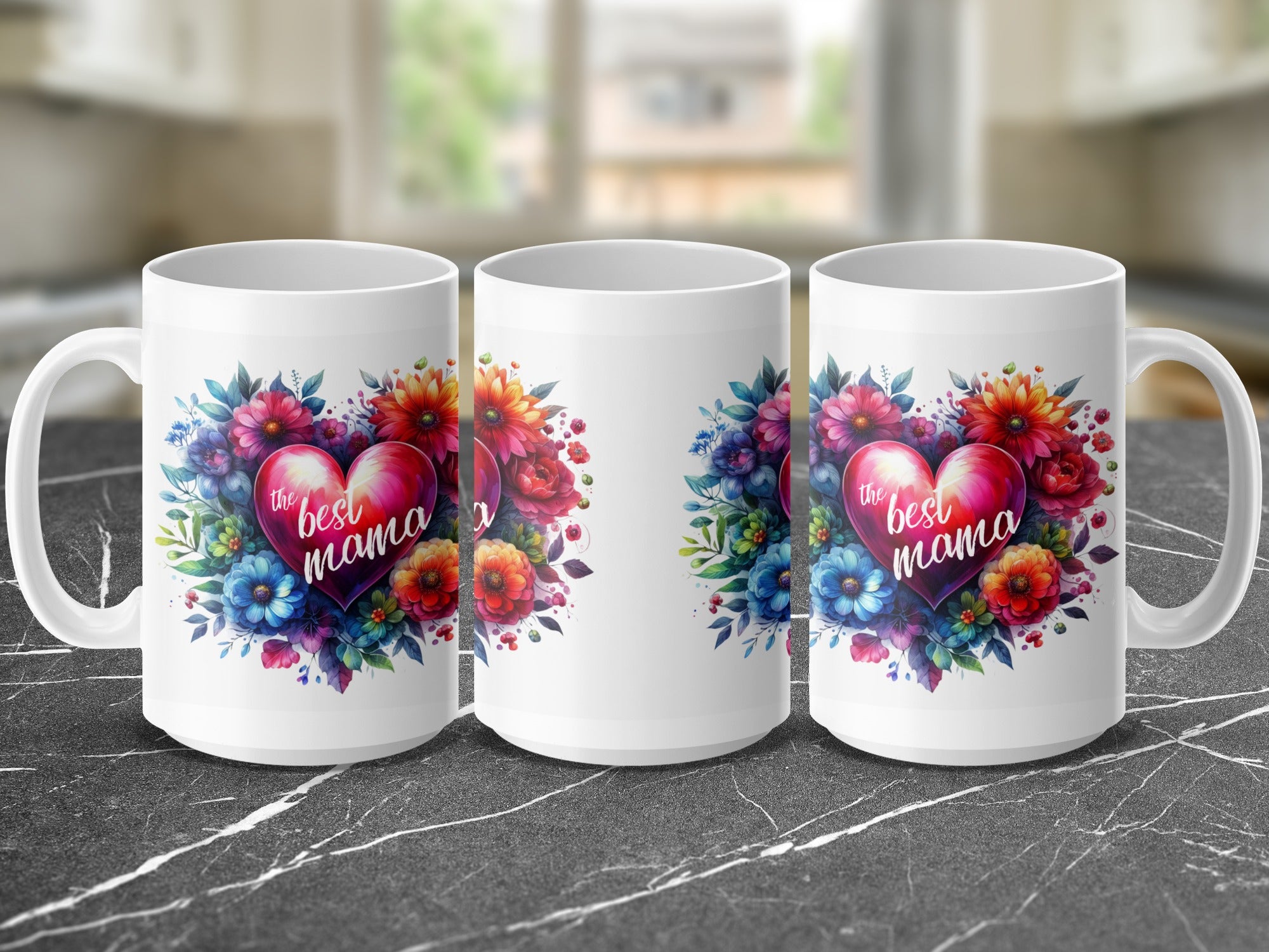 Three mugs featuring a floral heart design and the text "the best mama".