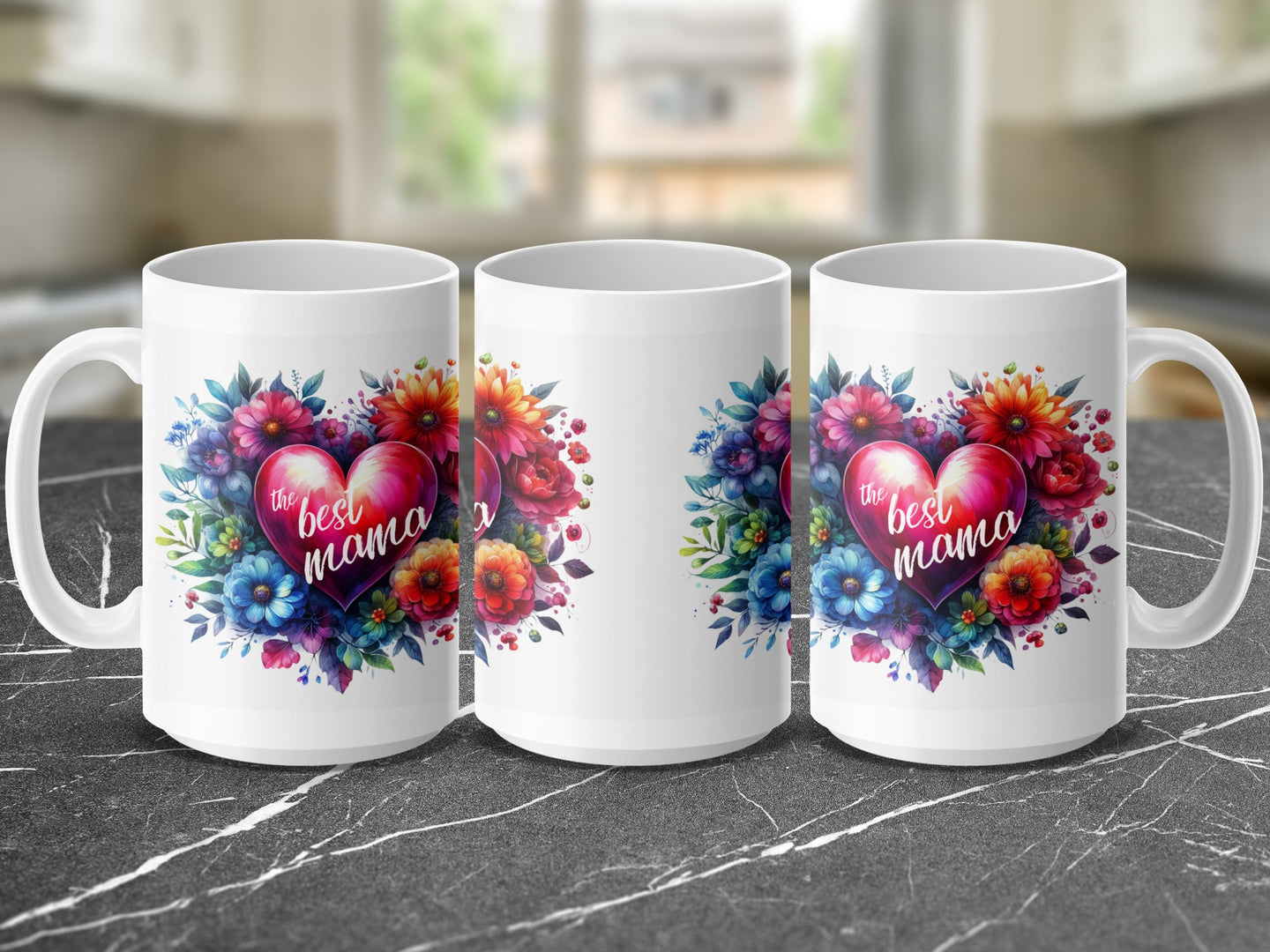 Three mugs featuring a floral heart design and the text "the best mama".