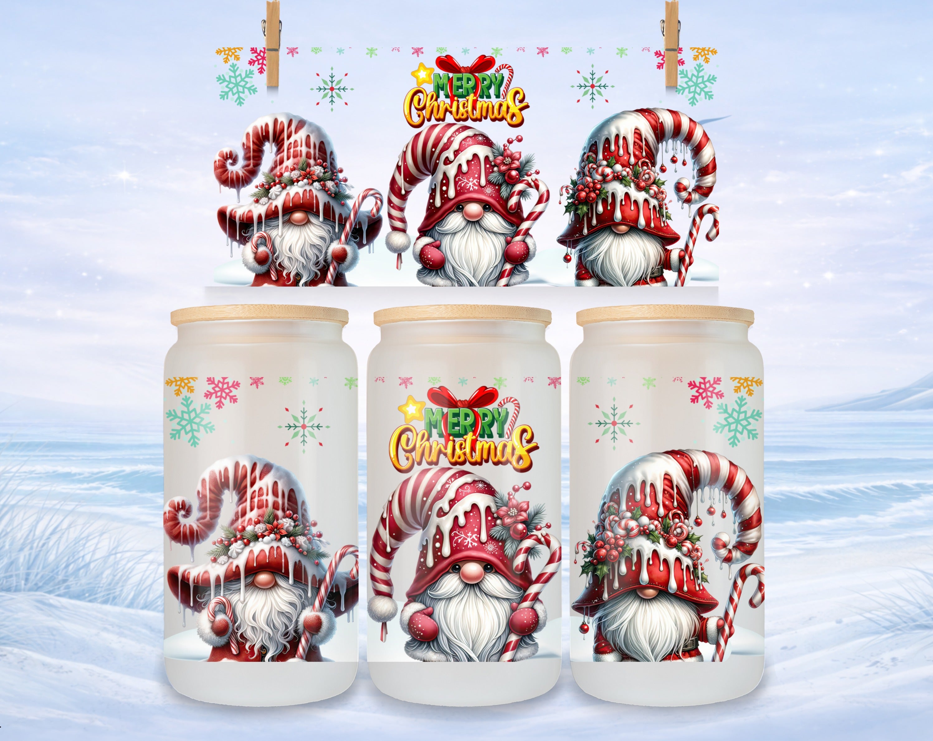 Three Christmas gnomes with candy canes and snowflakes, "Merry Christmas" text.