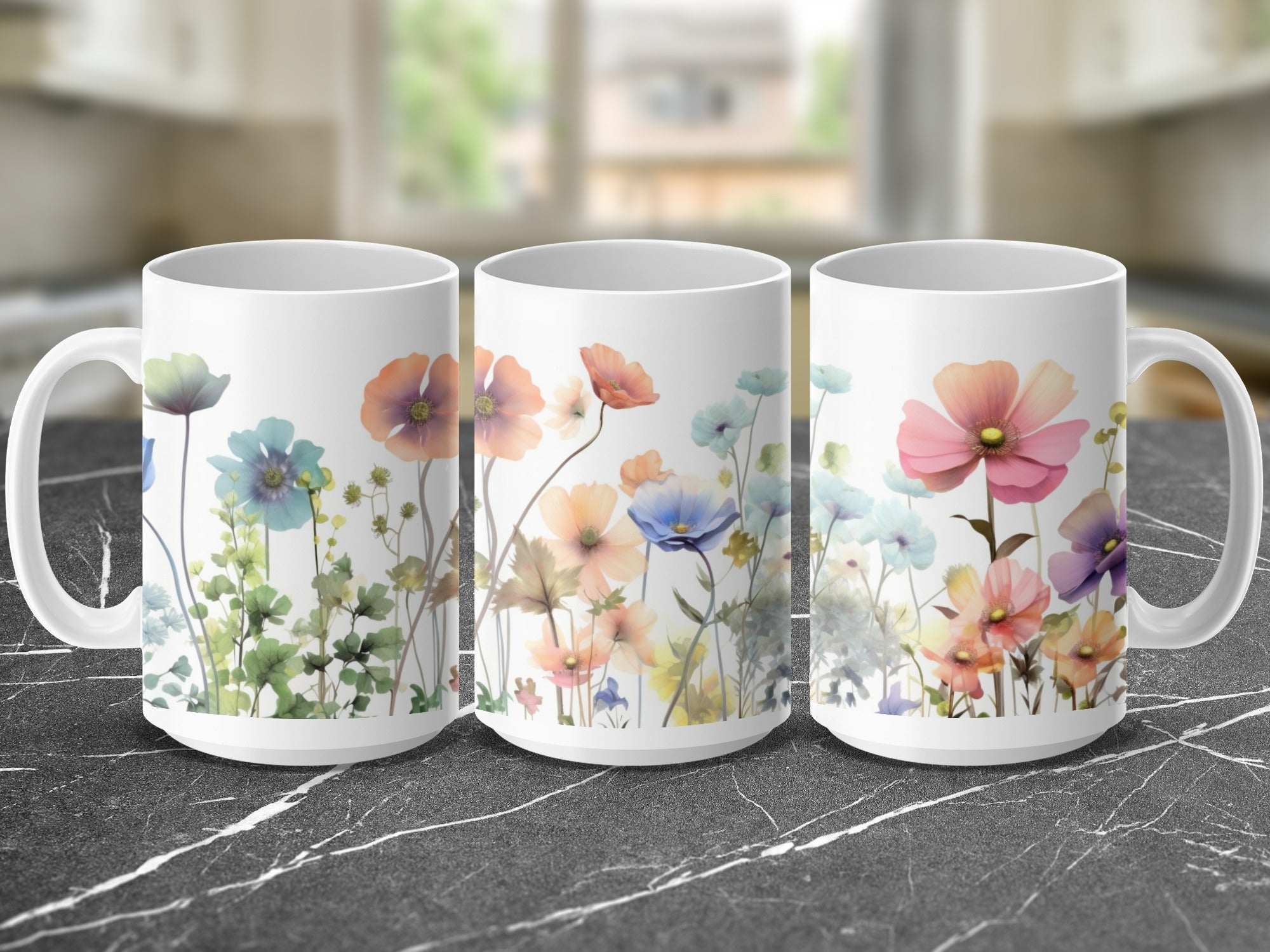 Three white mugs with floral watercolor designs displayed on a dark marble countertop.