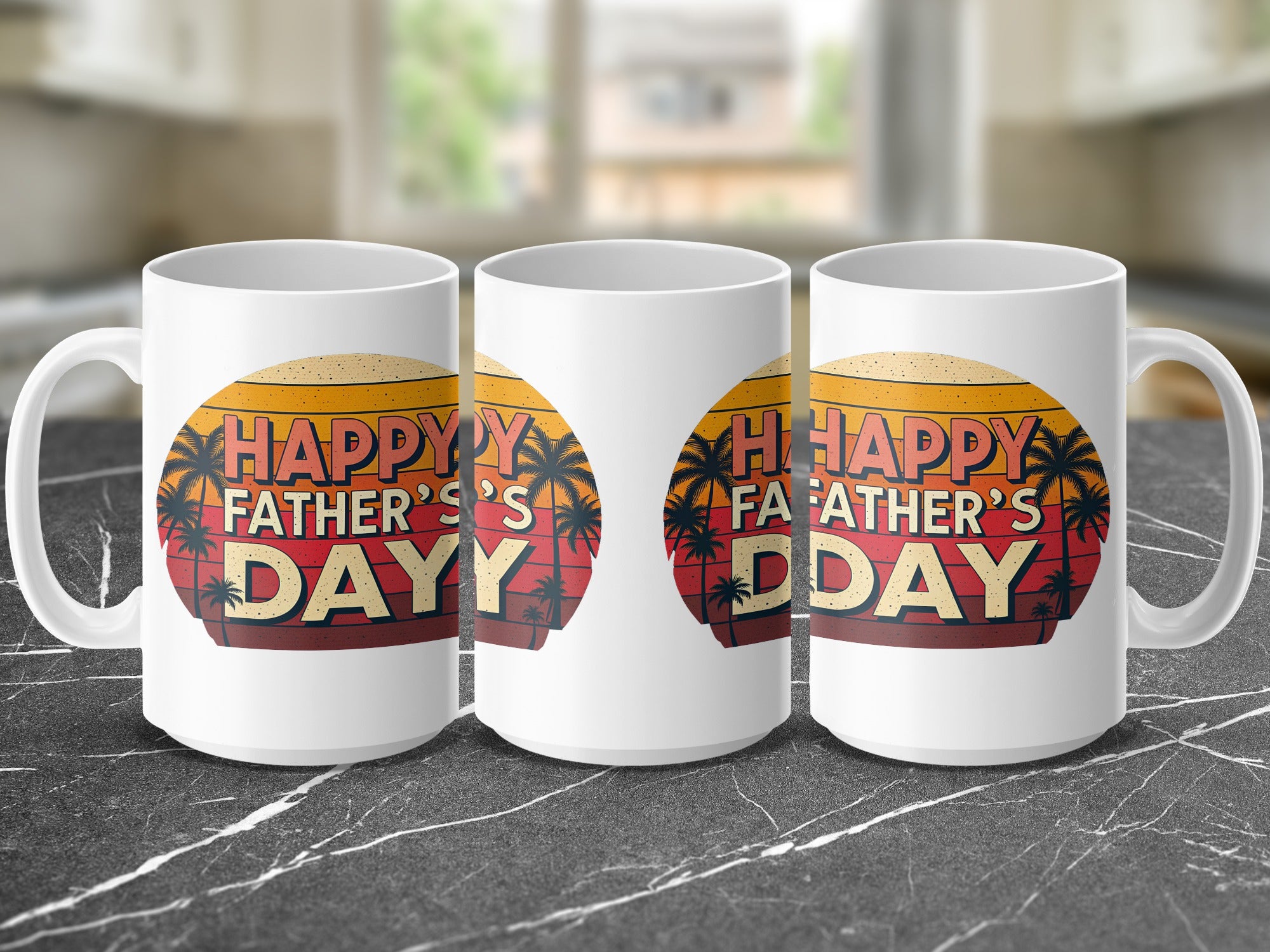 Three mugs with "Happy Father's Day" text over palm trees and sunset graphic.