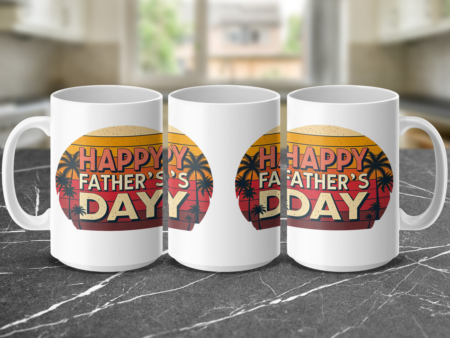 Three mugs with "Happy Father's Day" text over palm trees and sunset graphic.