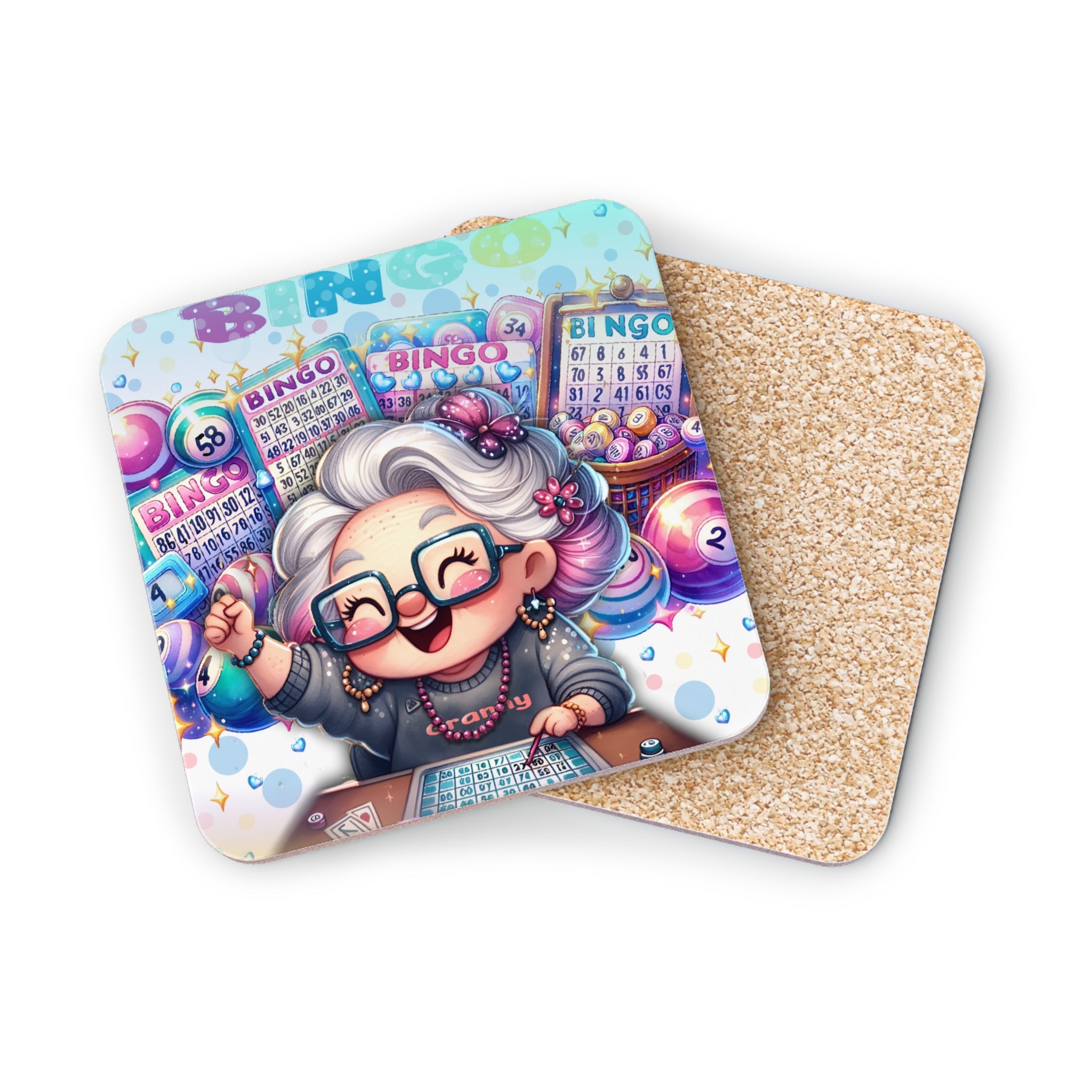 Cartoon granny playing Bingo with colorful balls and game cards.