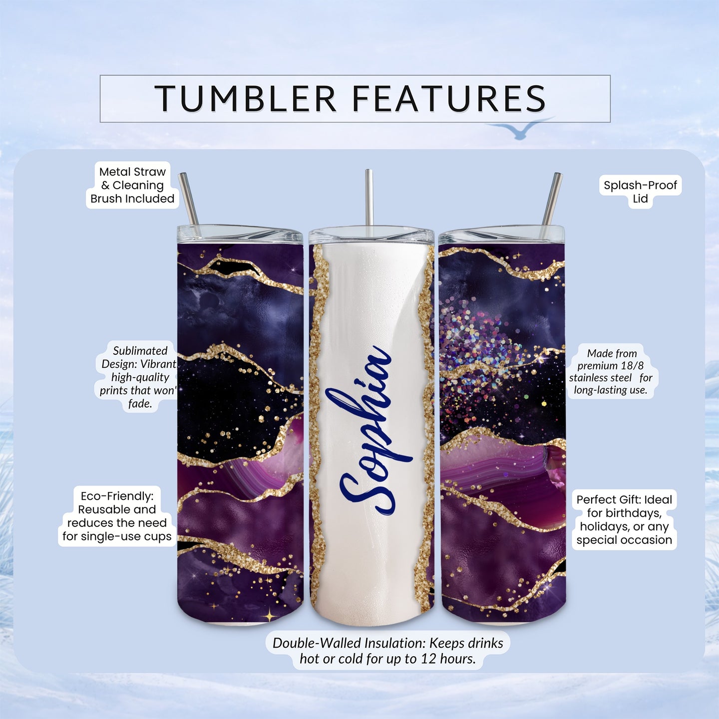 Tumbler with "Sophia" in script, featuring marbled purple and gold design, hot/cold insulation.