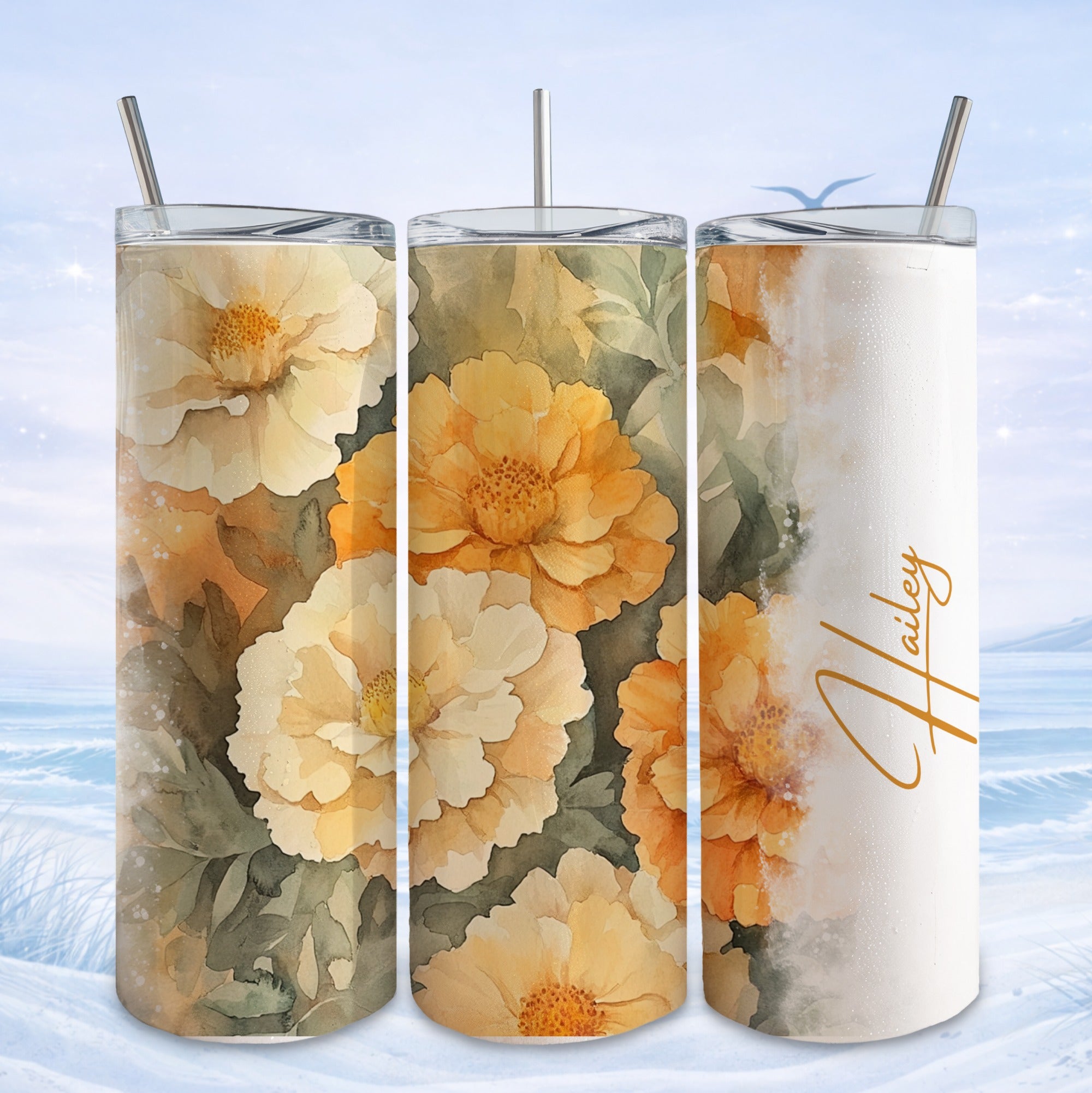 Three tumblers featuring floral watercolor art and "Hailey" script.