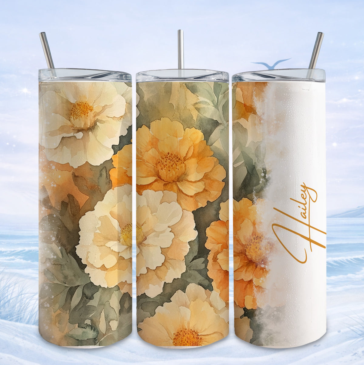 Three tumblers featuring floral watercolor art and "Hailey" script.