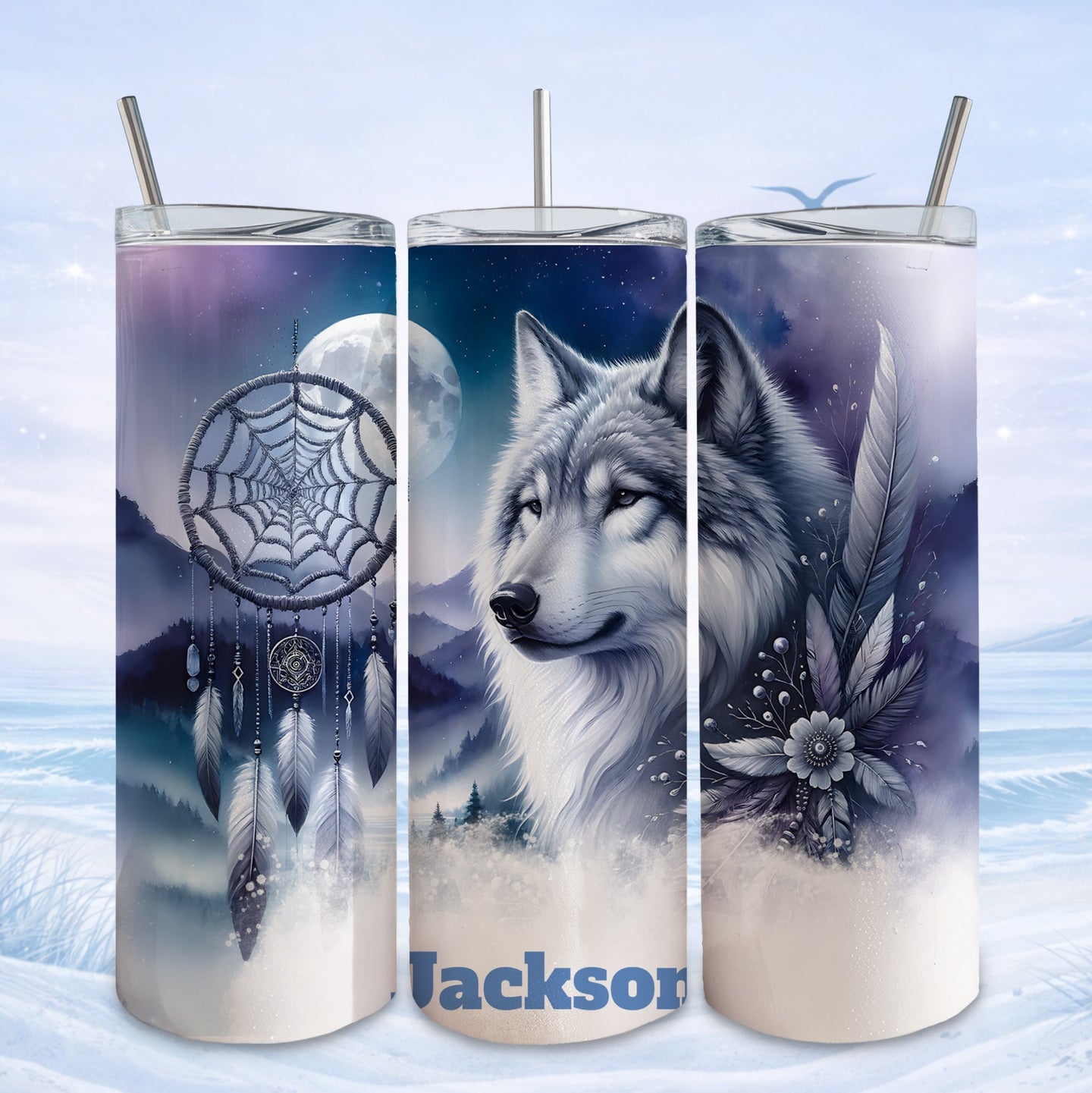 Wolf and dreamcatcher design on a tumbler with "Jackson" text.