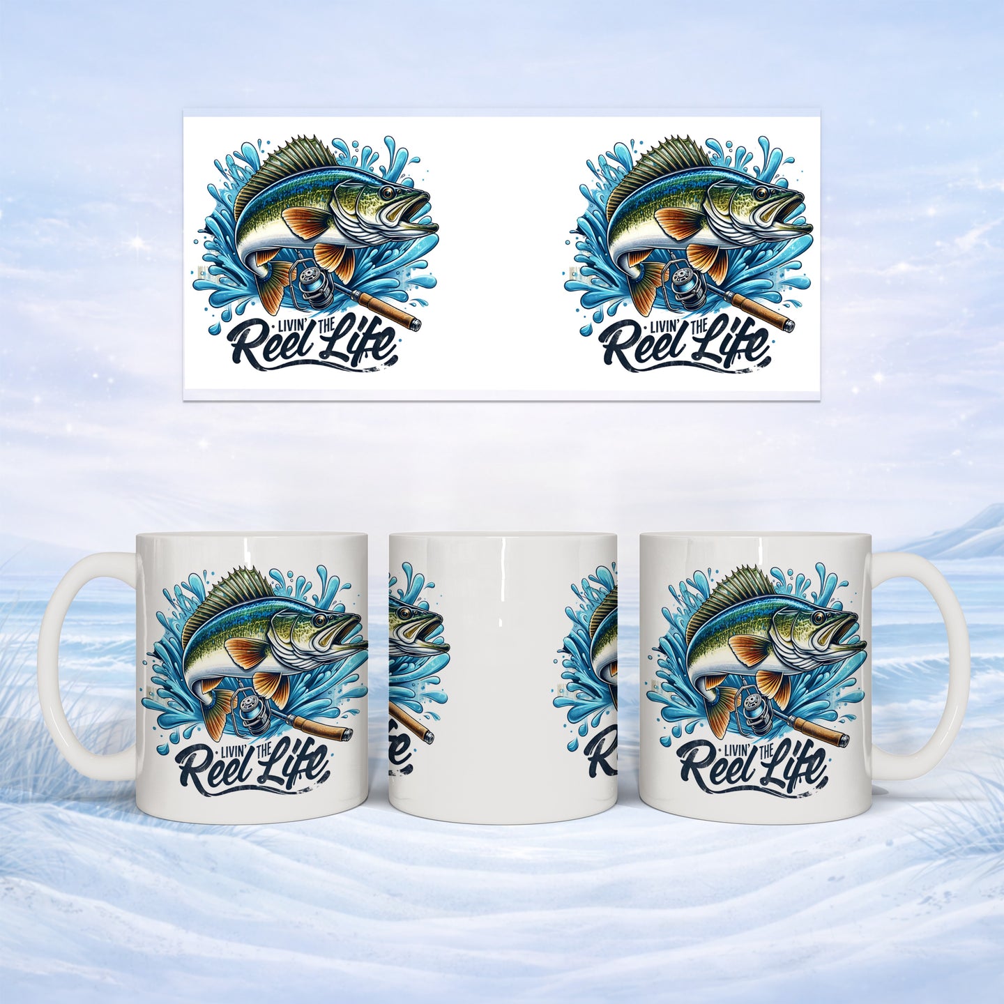Mug with fishing design showing a fish leaping out of water with "Reel Life" text.