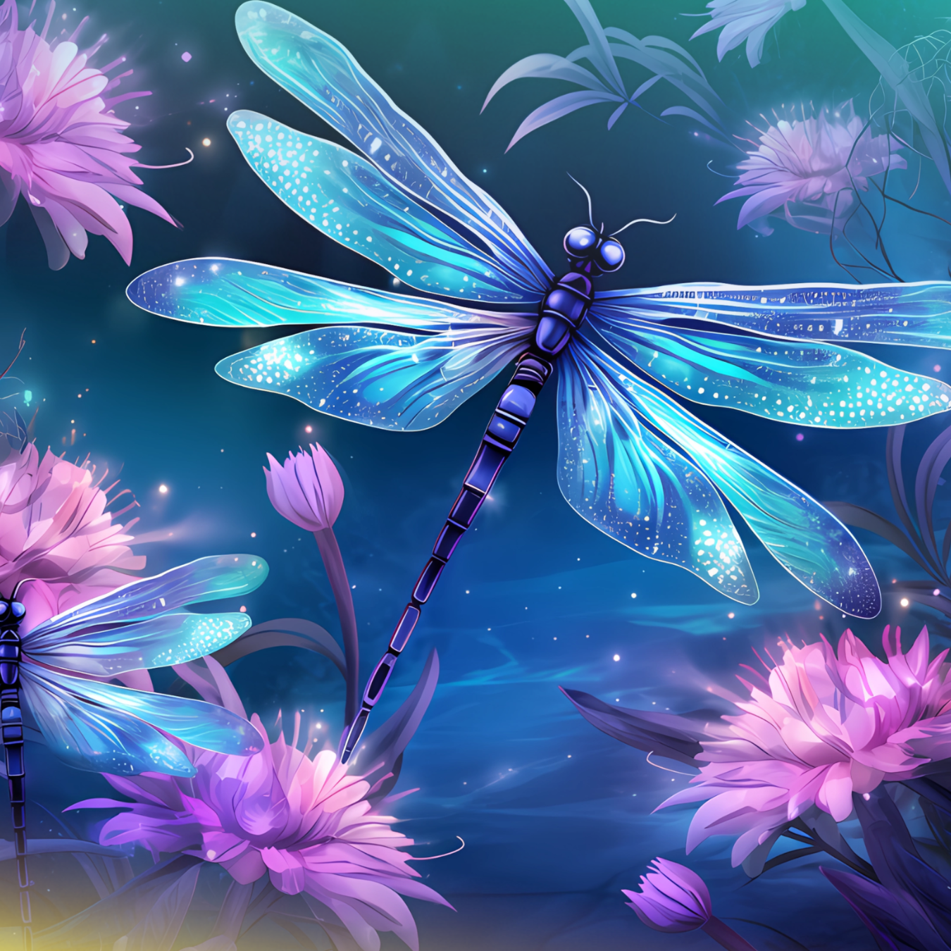 Blue dragonfly with iridescent wings surrounded by pink and purple flowers.