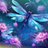 Blue dragonfly with iridescent wings surrounded by pink and purple flowers.