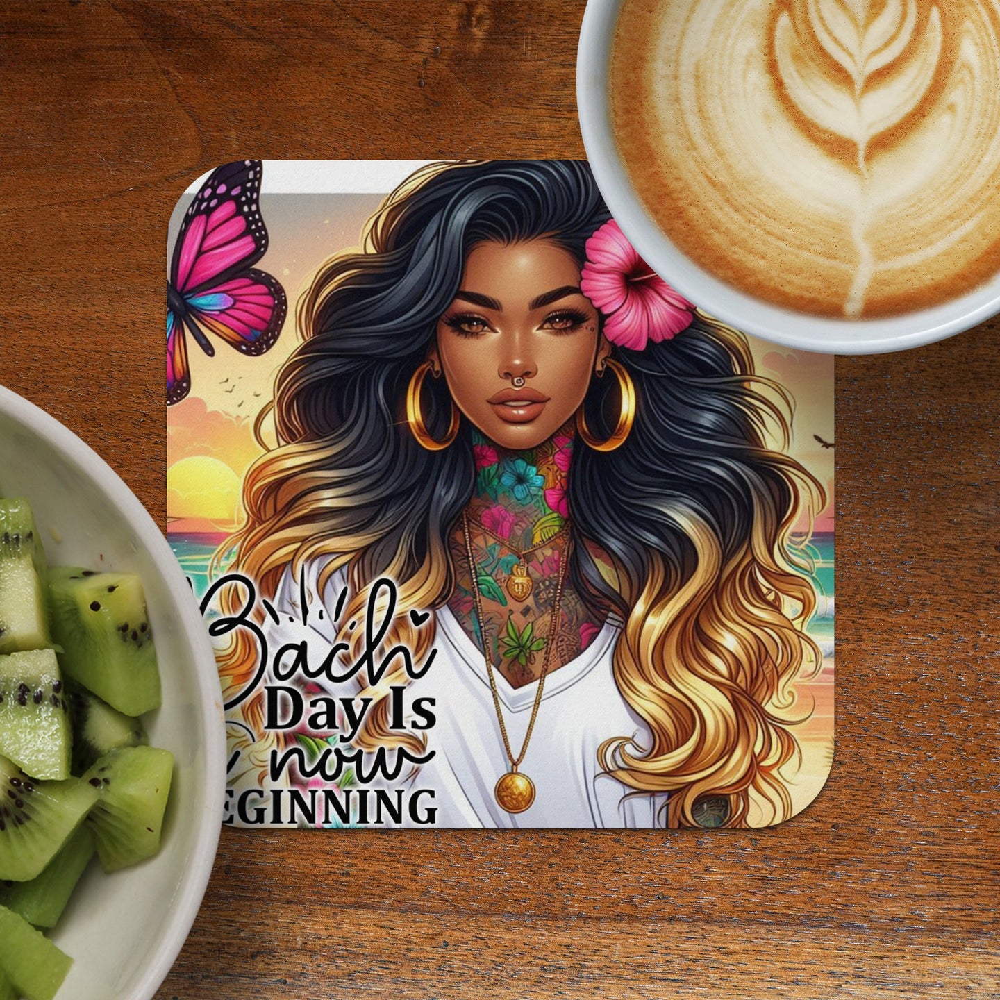 Coaster with woman's portrait and "Bach Day Is Beginning" text, near coffee and kiwi.