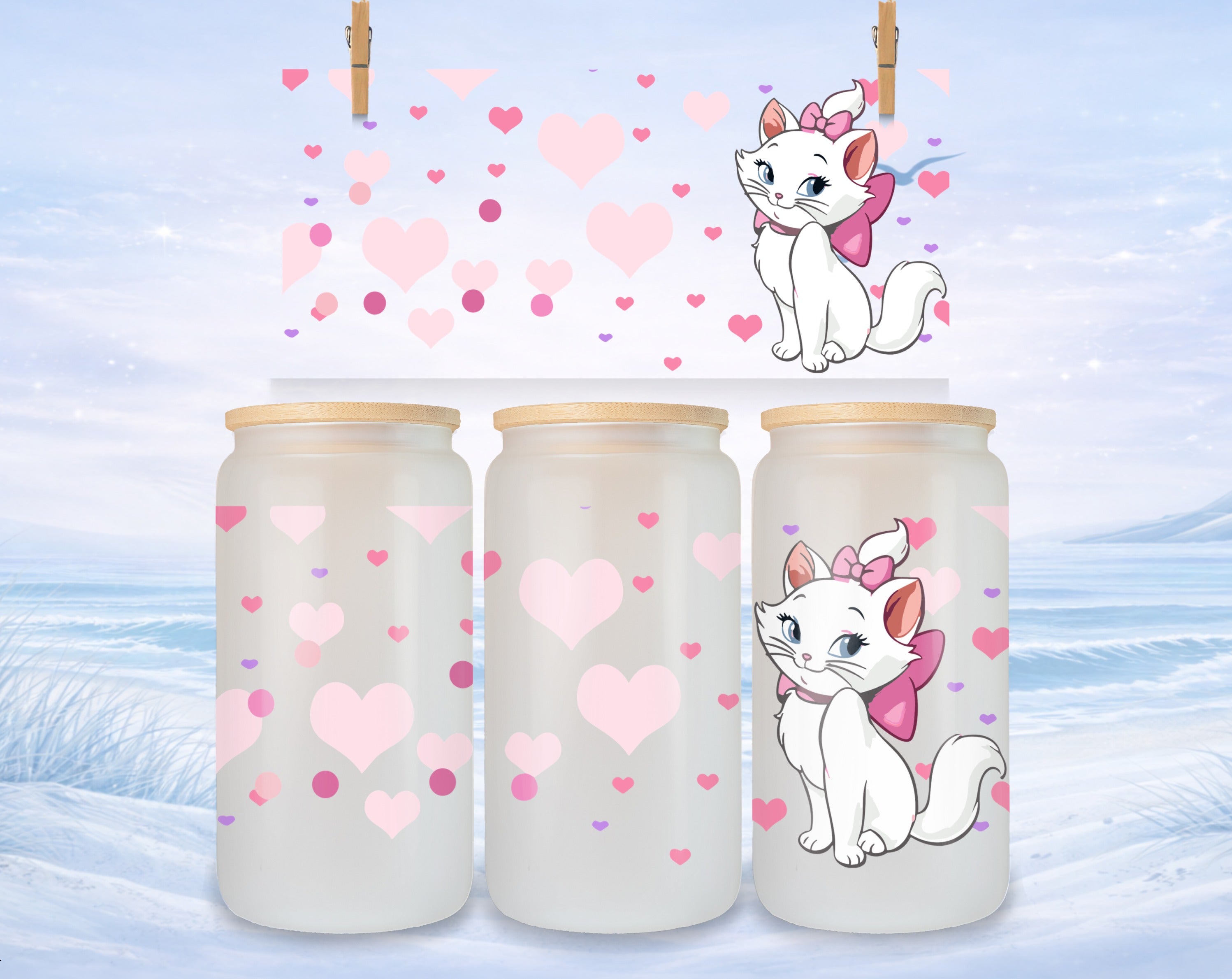 Frosted glass tumbler with pink hearts and a cartoon white cat.