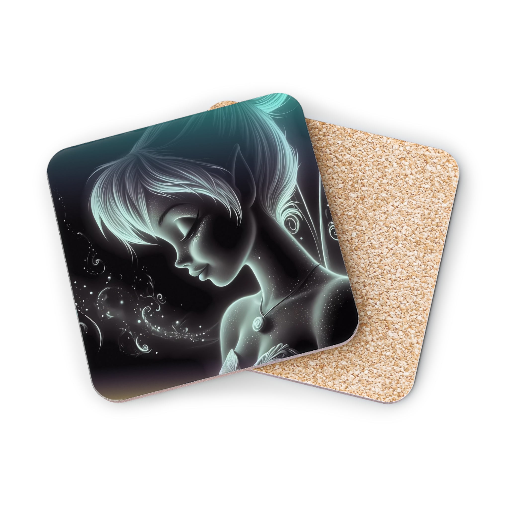 Square coaster with a glowing fairy illustration on a dark background.