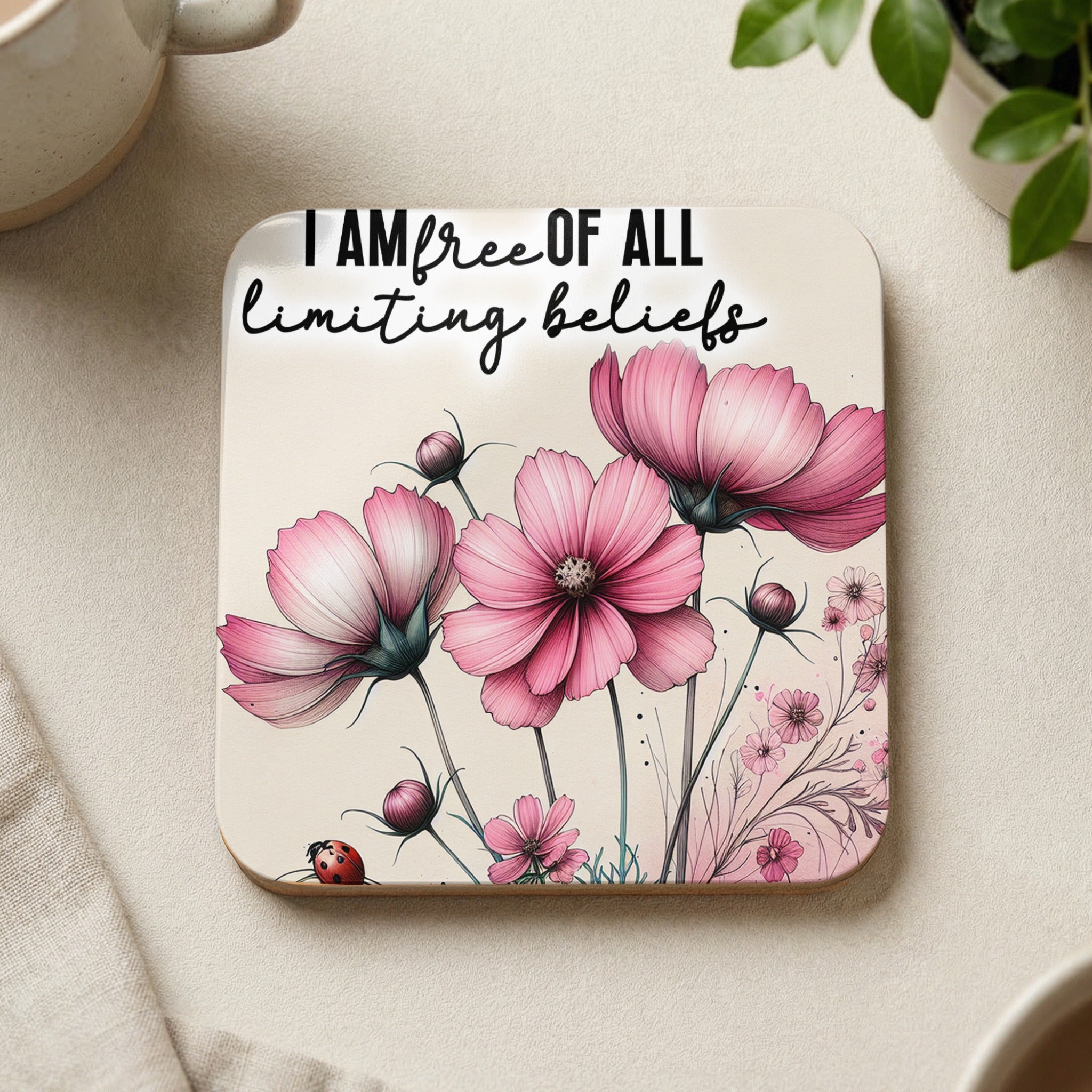 Coaster with pink cosmos flowers and ladybug, text reads "I am free of all limiting beliefs."