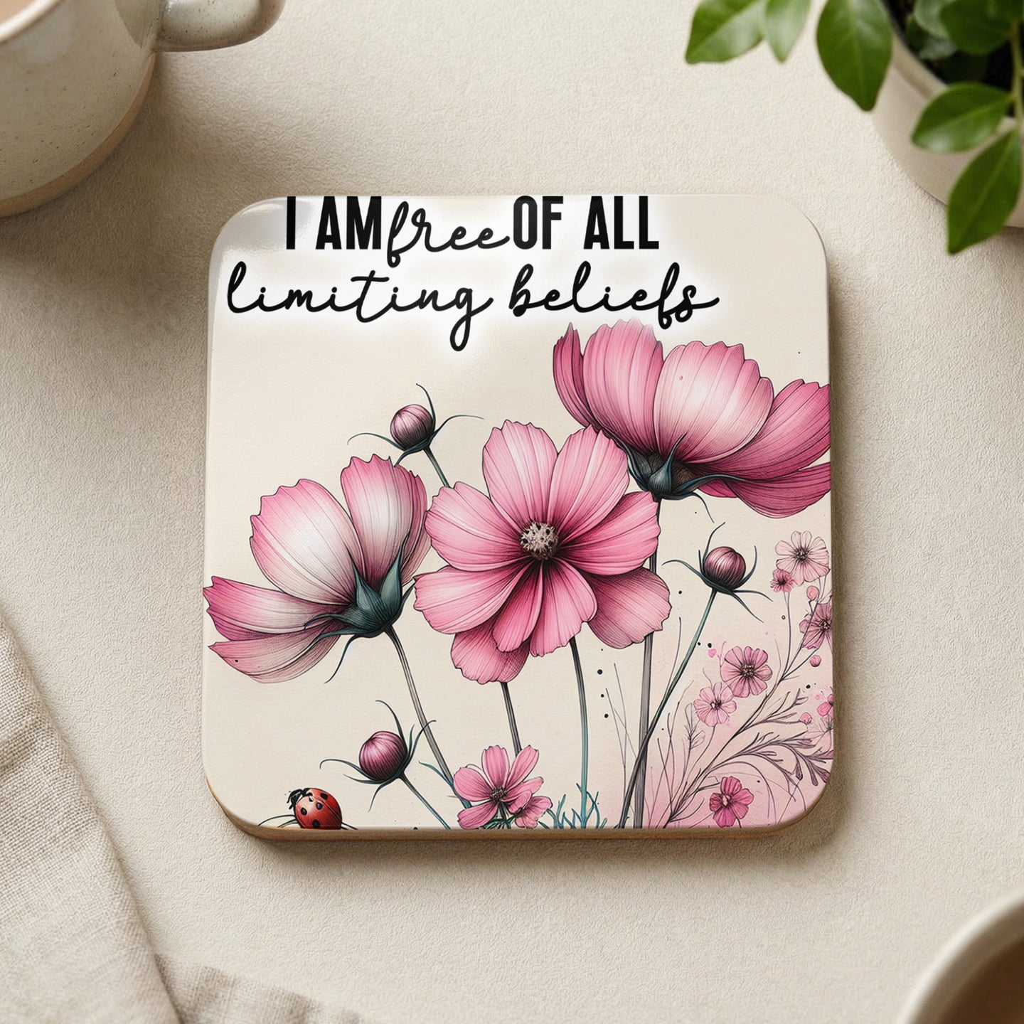 Coaster with pink cosmos flowers and ladybug, text reads "I am free of all limiting beliefs."