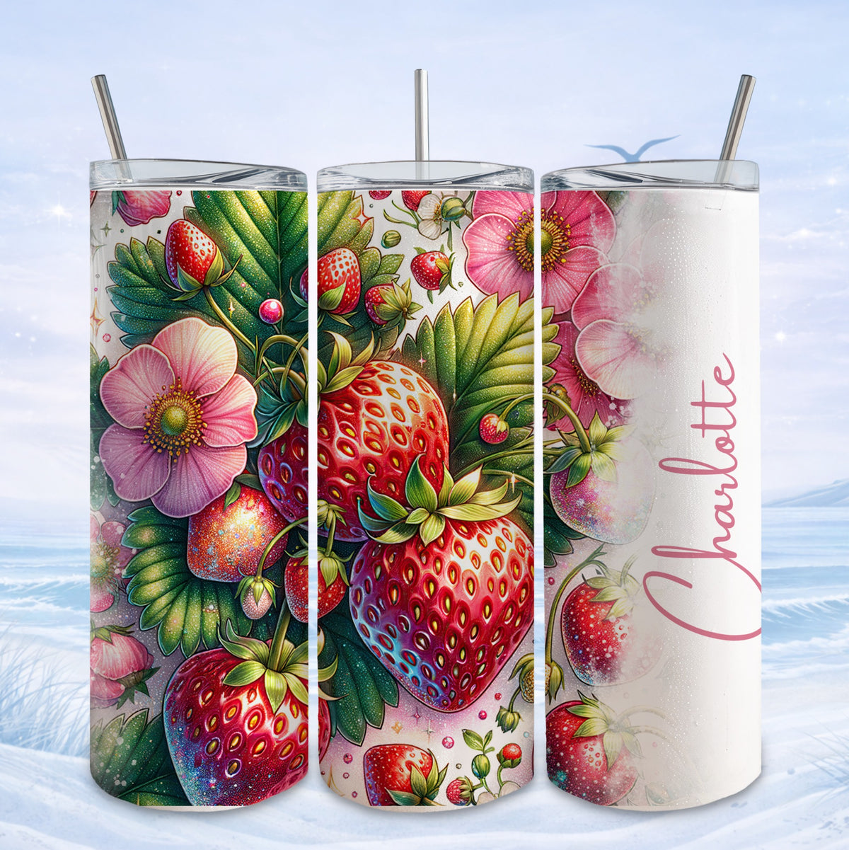 Three tumblers with strawberries and flowers, one with "Charlotte" text.