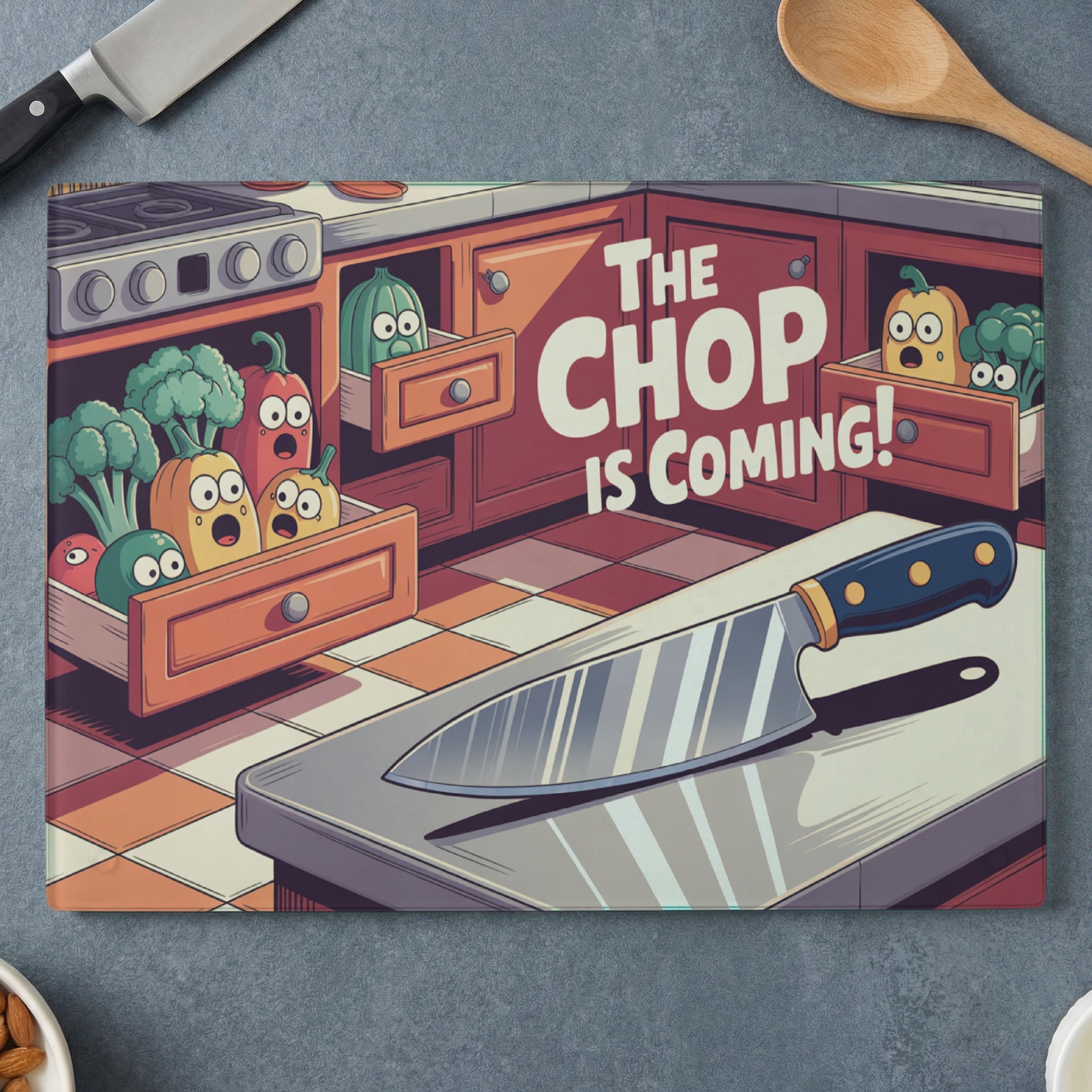 Chopping board with cartoon vegetables in drawers and knife.