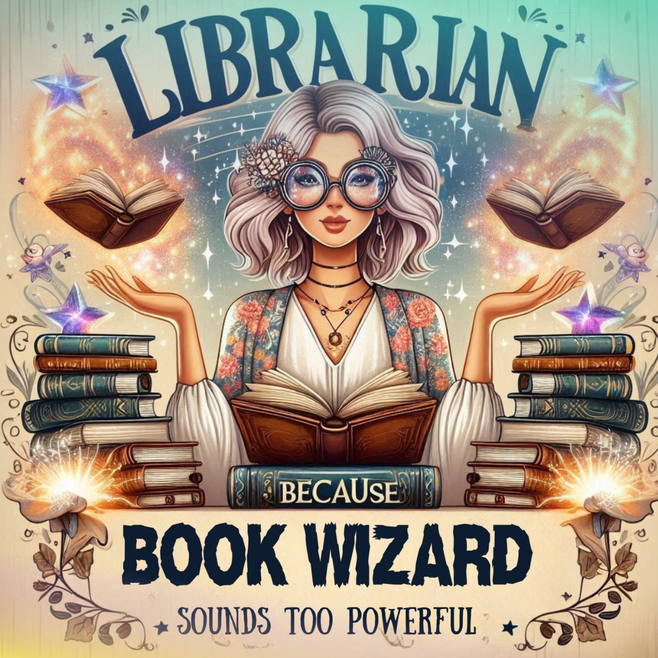 Book wizard with glasses and open books, "Librarian Because Book Wizard Sounds Too Powerful" text.