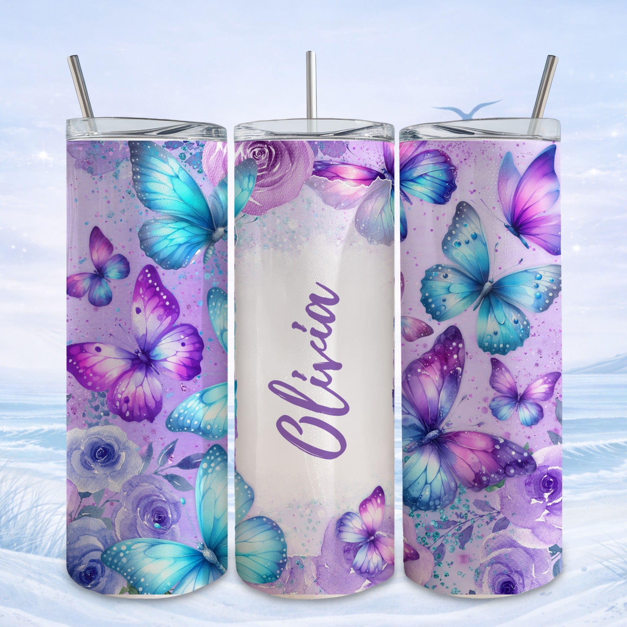 Tumbler with purple and blue butterflies and roses, personalized with "Olivia".
