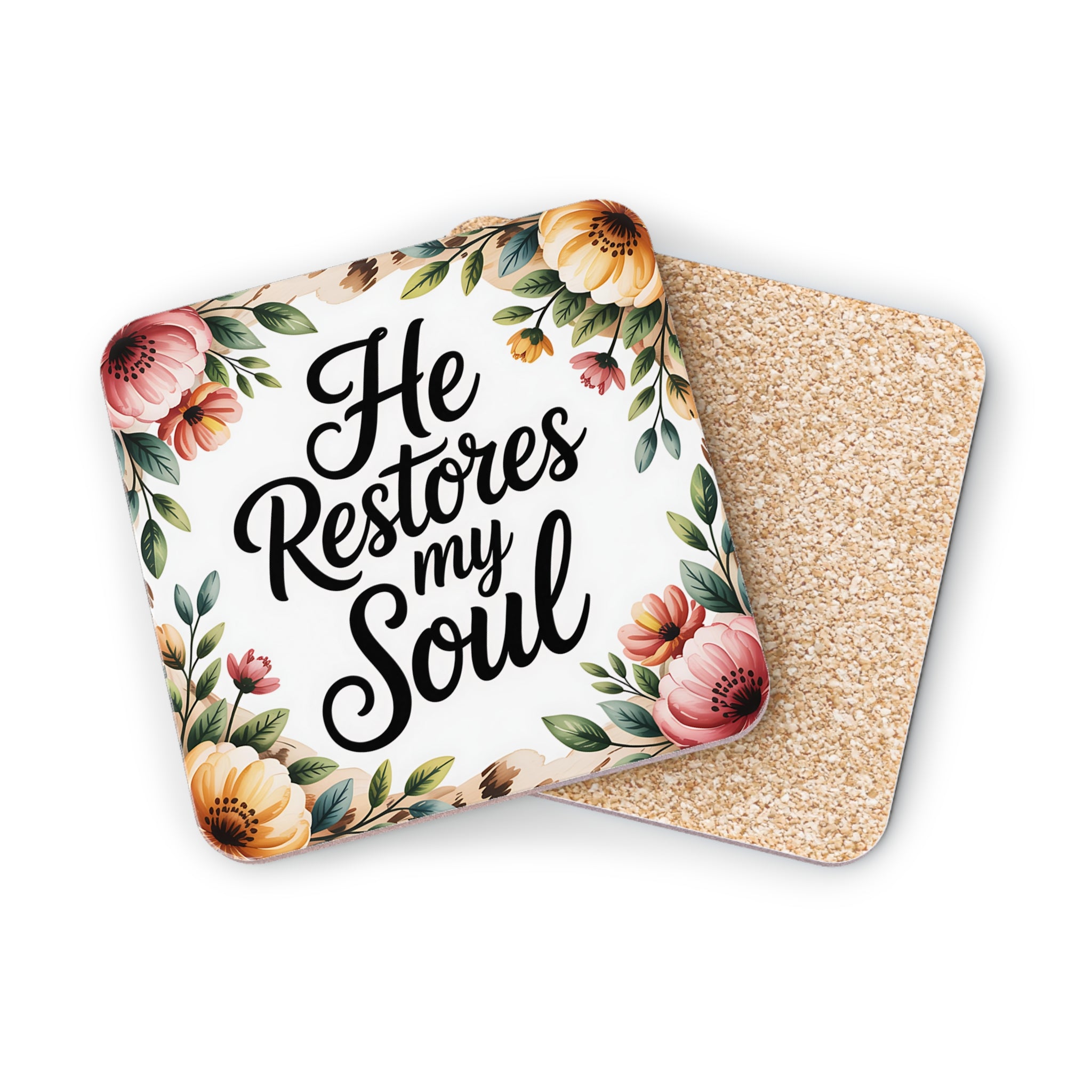 Coaster with "He Restores my Soul" text surrounded by floral accents.