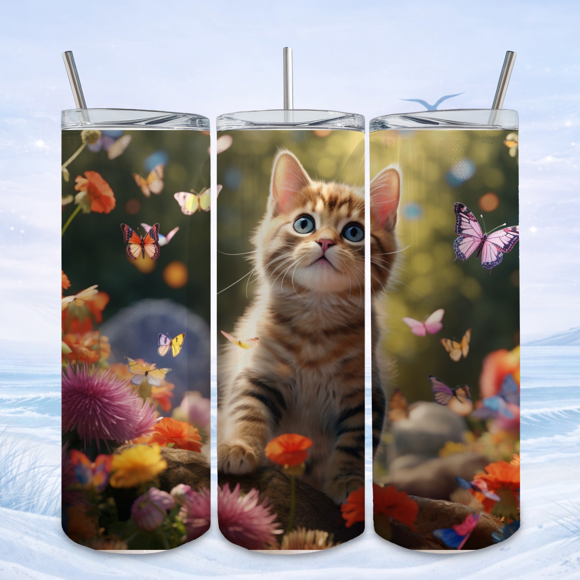 Tabby kitten looking up in a vibrant meadow with butterflies and flowers.