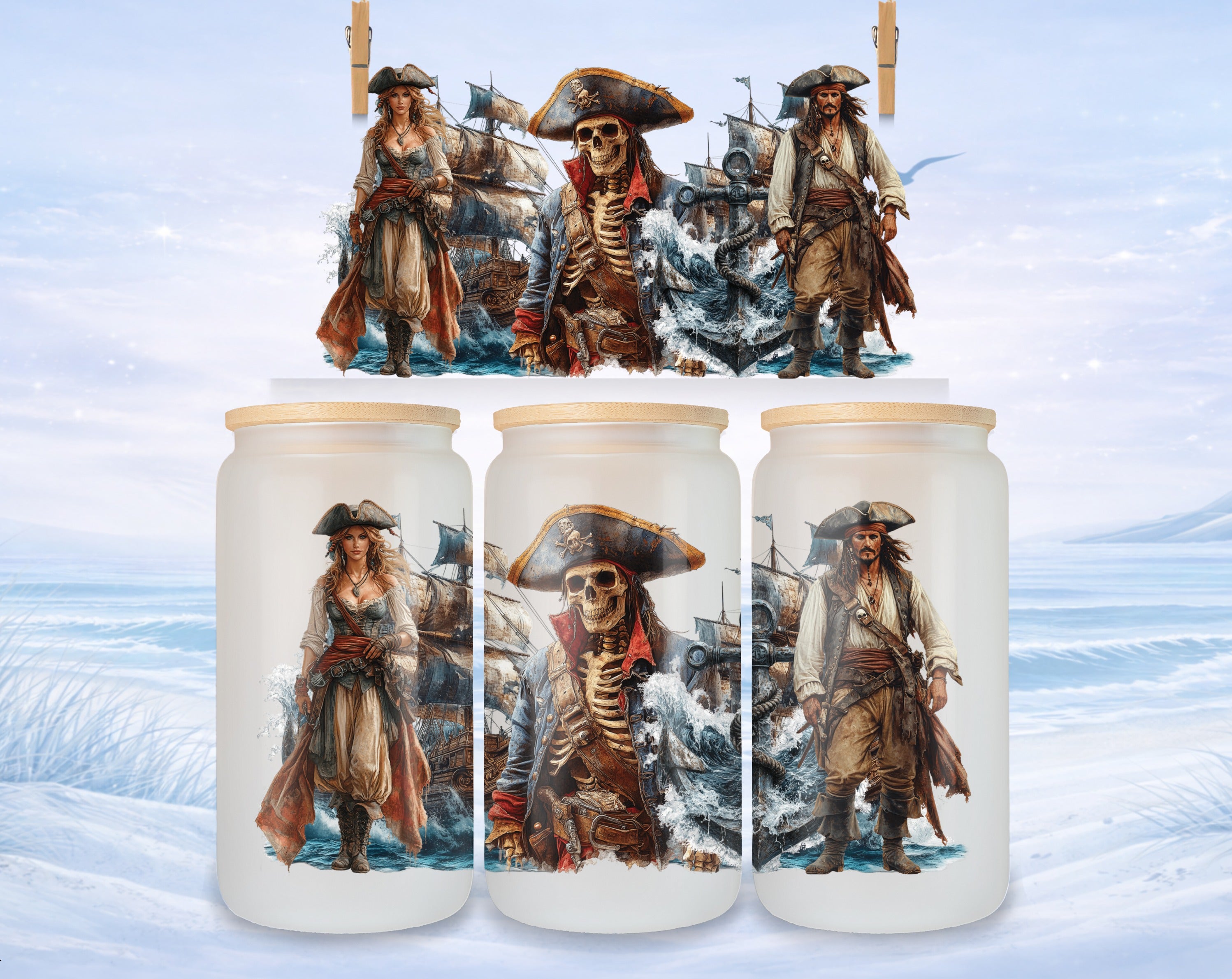 Pirate characters and skeletal pirate ship on frosty glass jars.