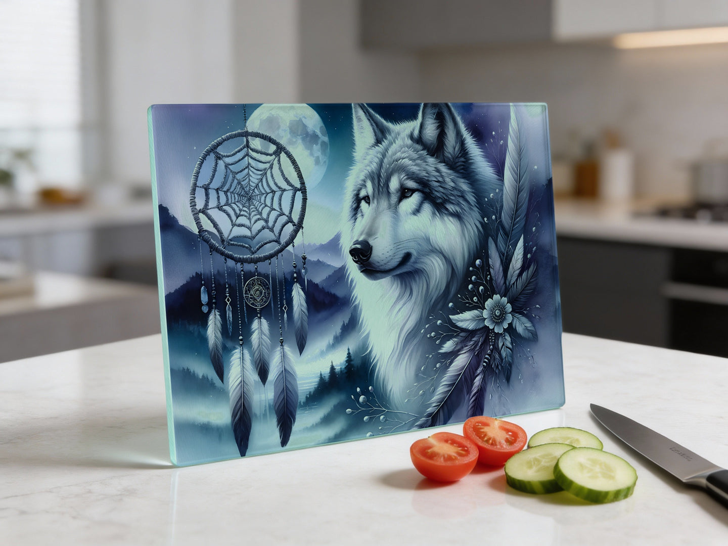 Wolf and dreamcatcher art on a cutting board with tomatoes and cucumber slices.