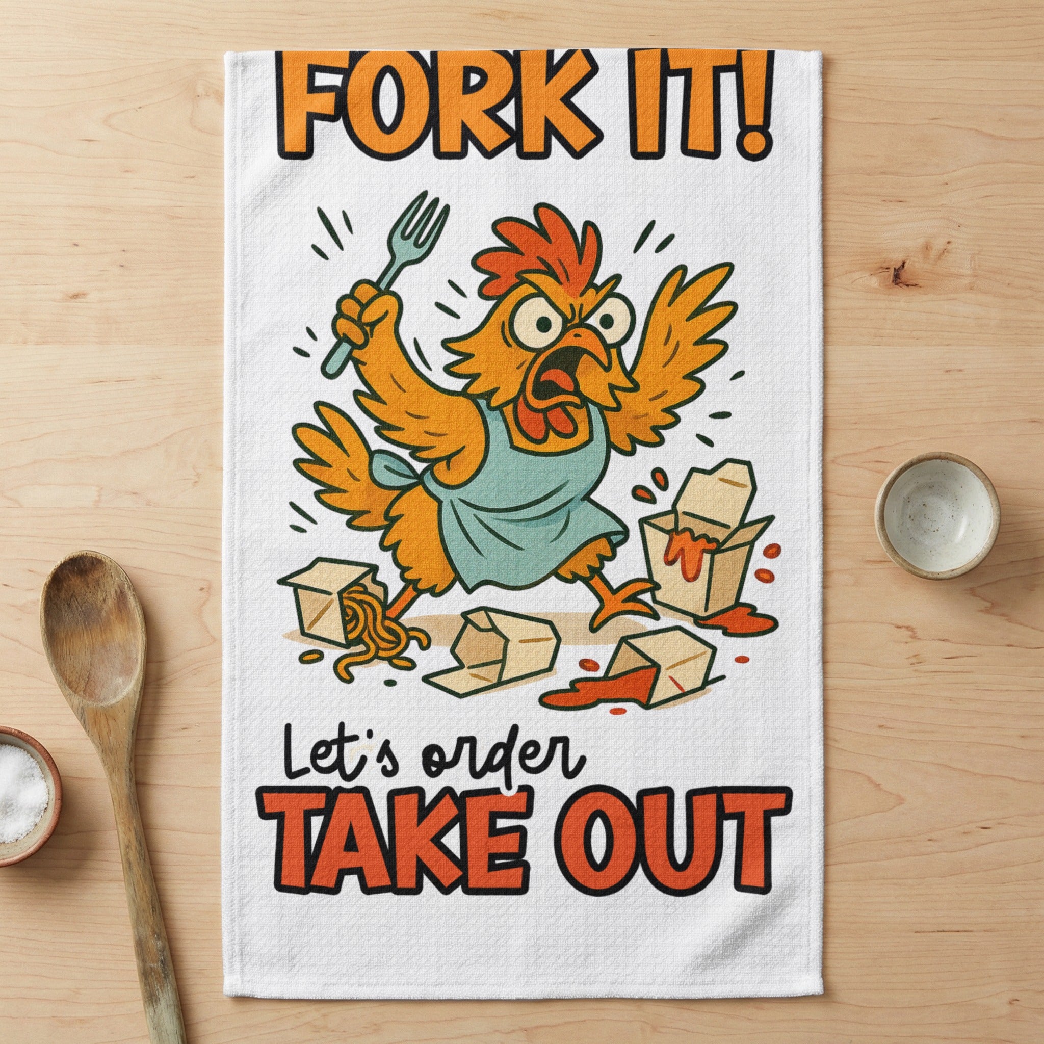 Cartoon chicken in apron holding fork, dropping takeout boxes.