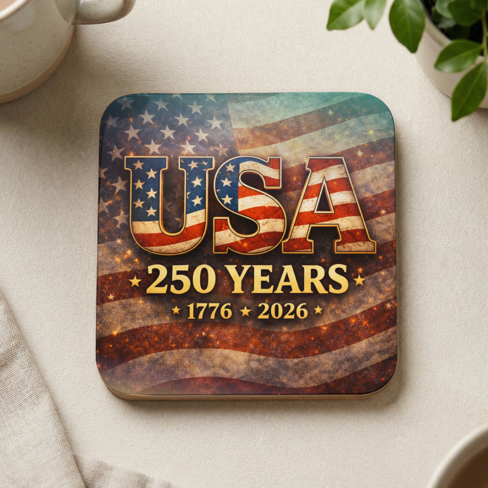 Coaster with USA 250 Years 1776-2026 text and American flag design.