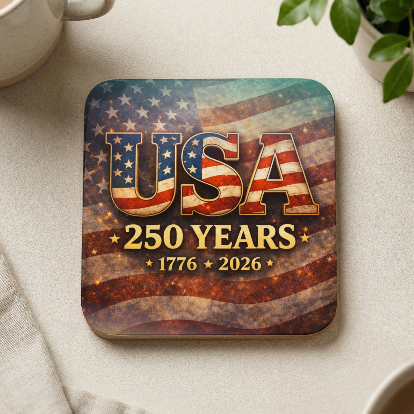 Coaster with USA 250 Years 1776-2026 text and American flag design.