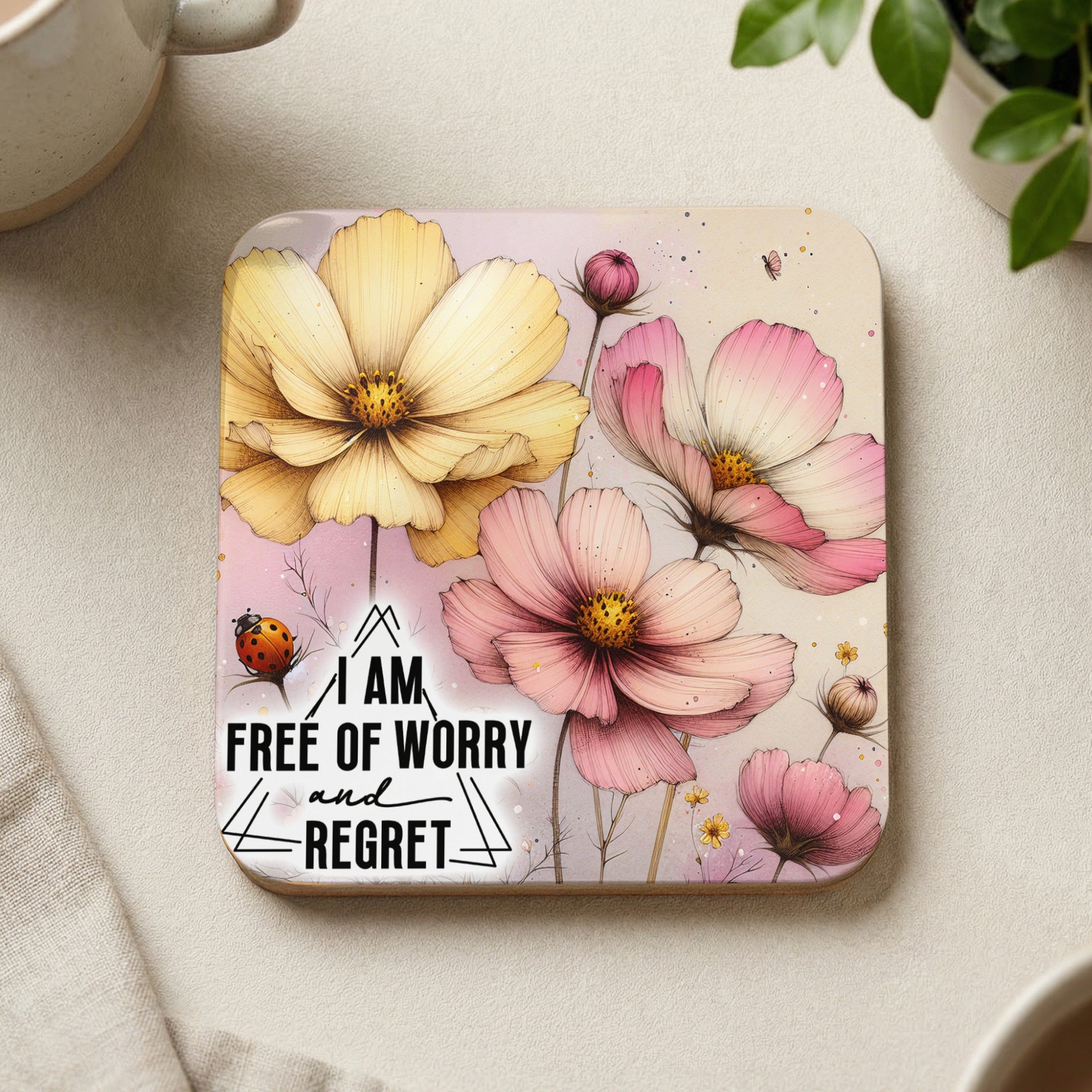 Square coaster with pink and yellow cosmos flowers and "I AM FREE OF WORRY AND REGRET" text.
