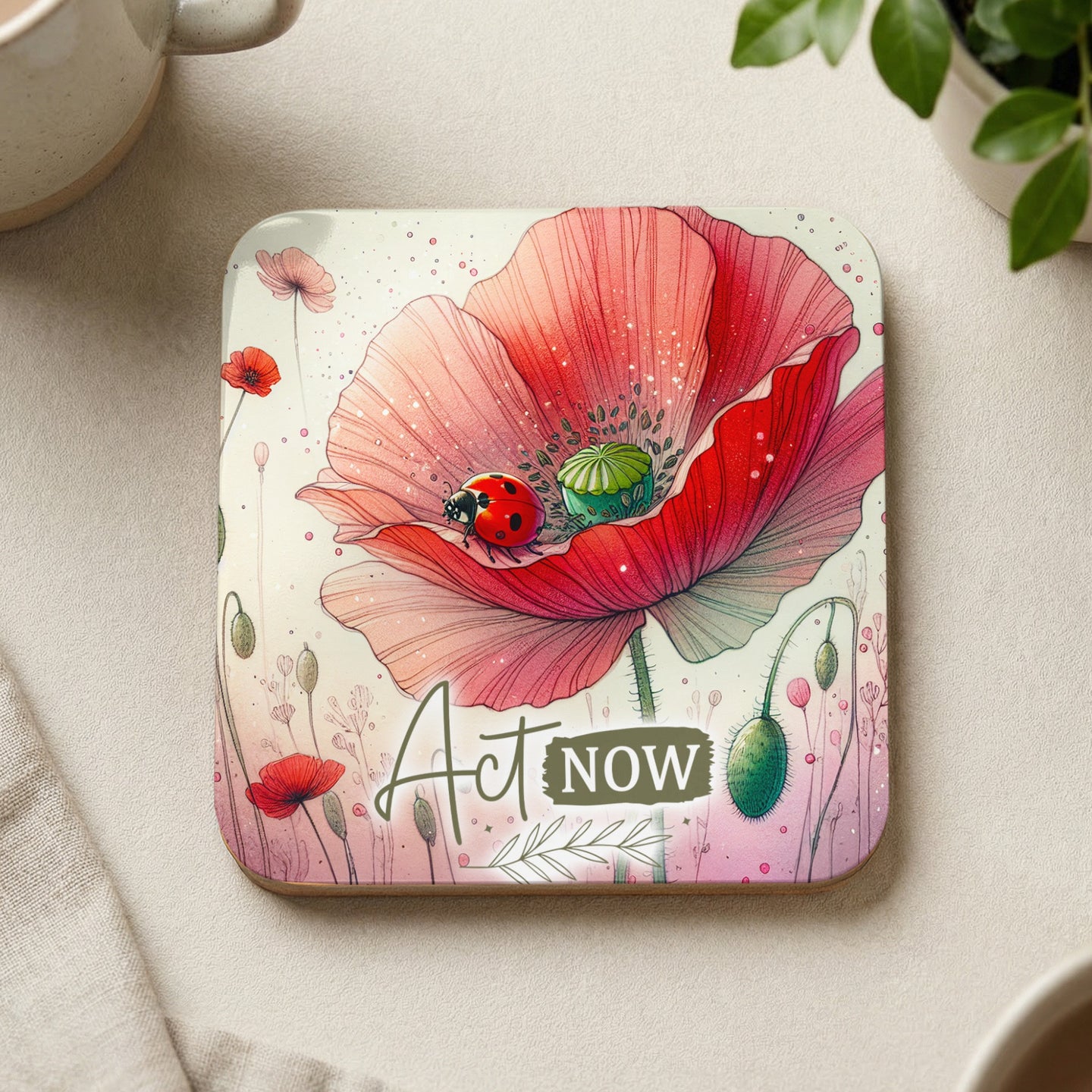 Square coaster with a large red poppy and the text "Act NOW".