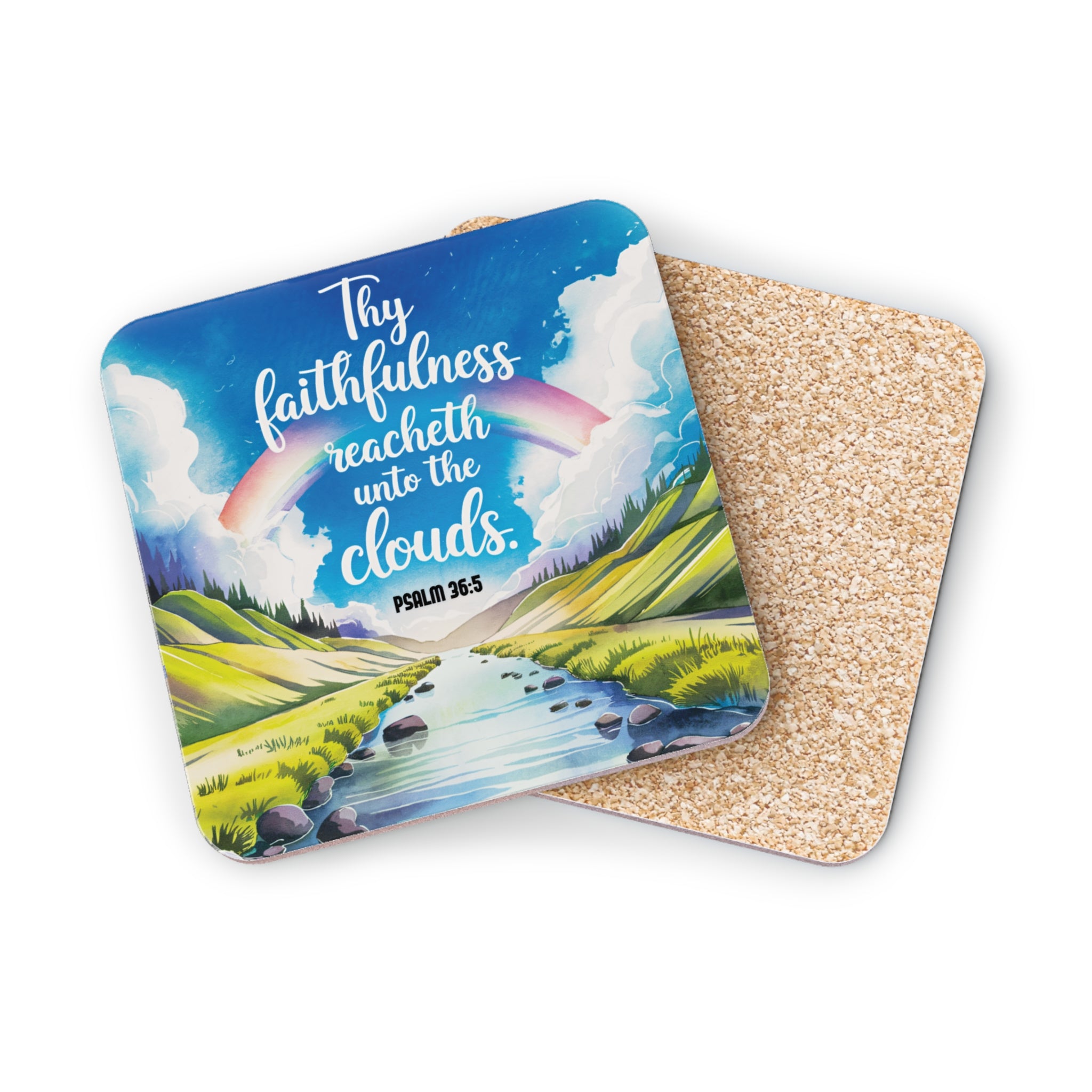 Coasters with rainbow, scripture, and landscape.