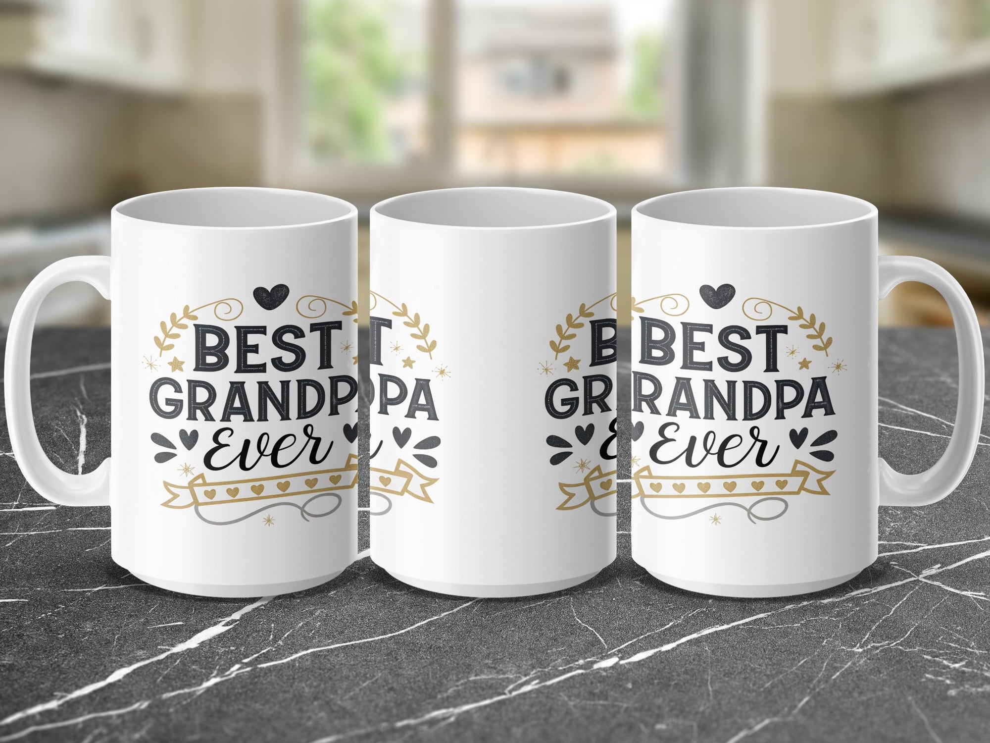 Three white mugs with "Best Grandpa Ever" text and decorative elements.