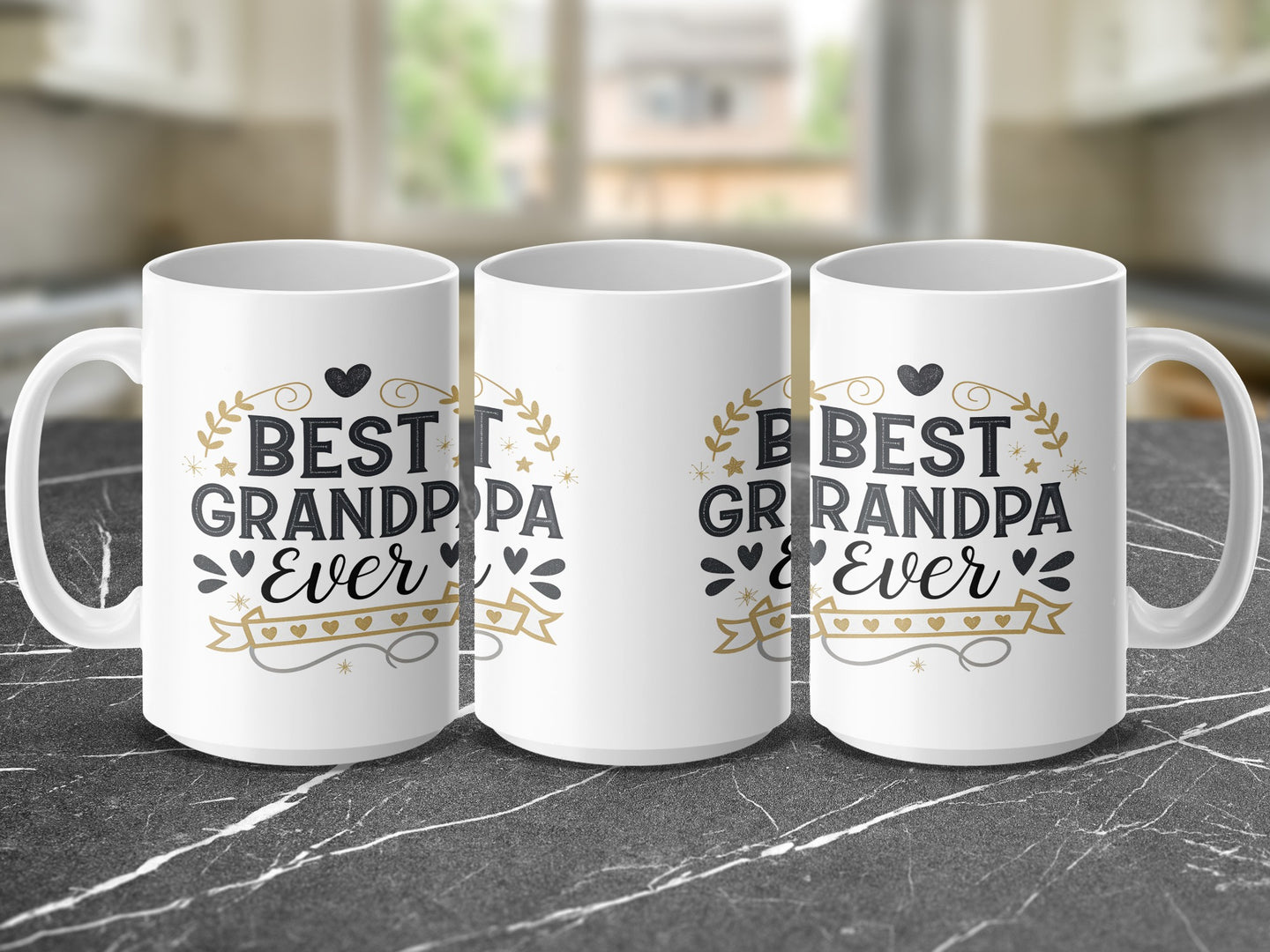 Three white mugs with "Best Grandpa Ever" text and decorative elements.