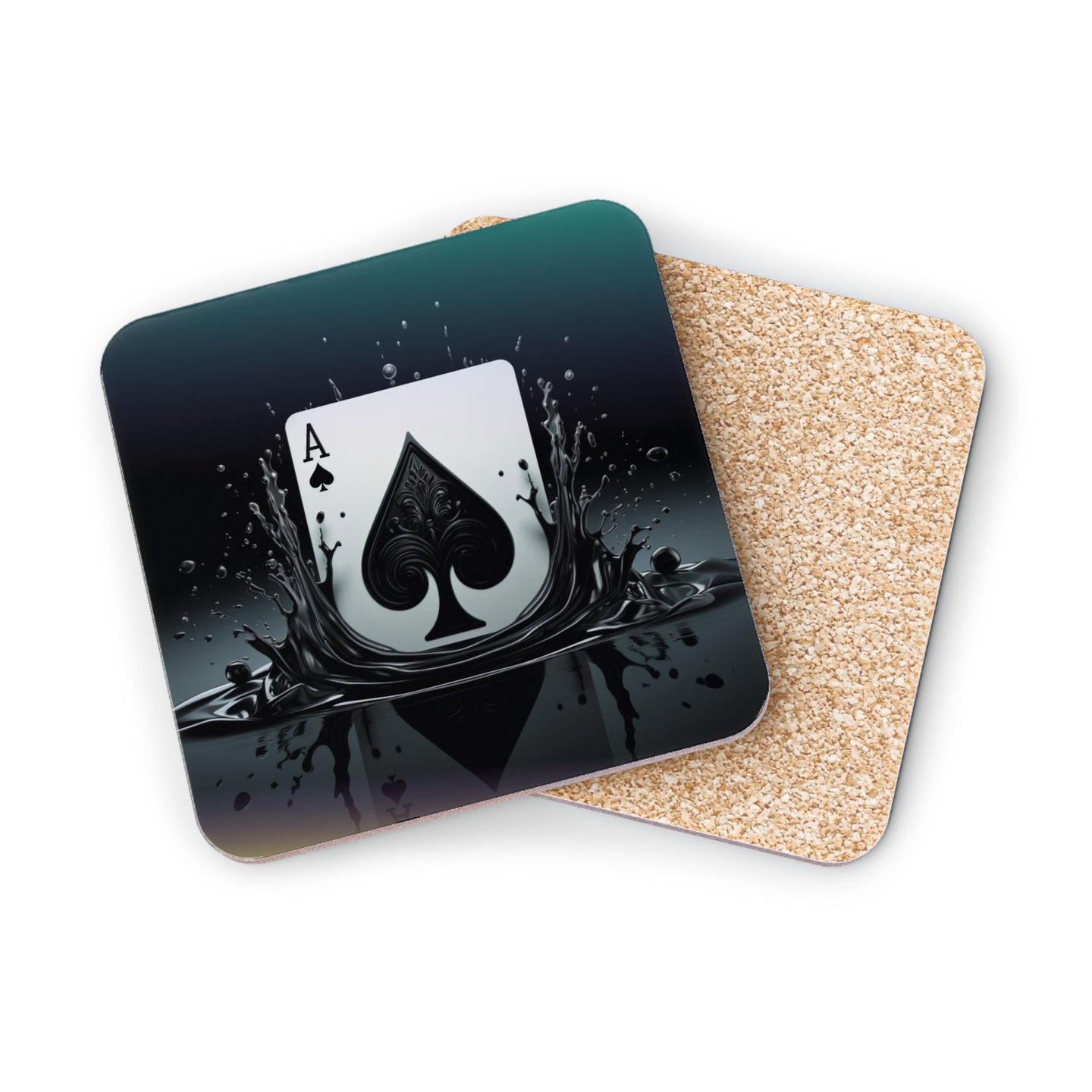 Ace of spades card splashing into black liquid, on cork coaster.