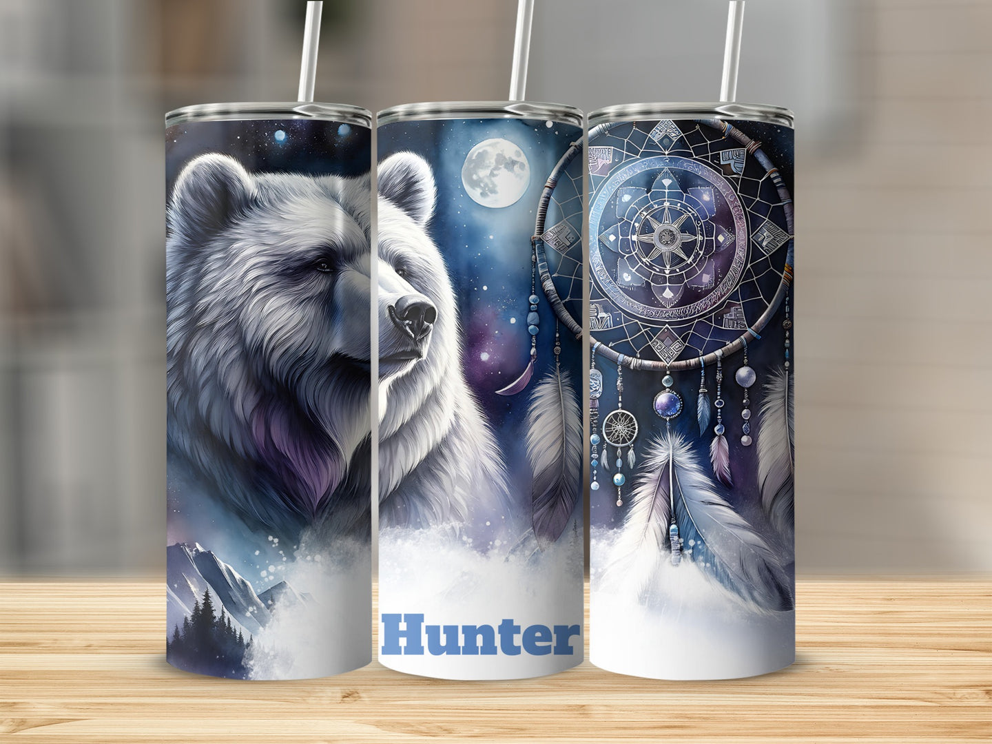 Bear, moon, and dreamcatcher tumbler with "Hunter" text.