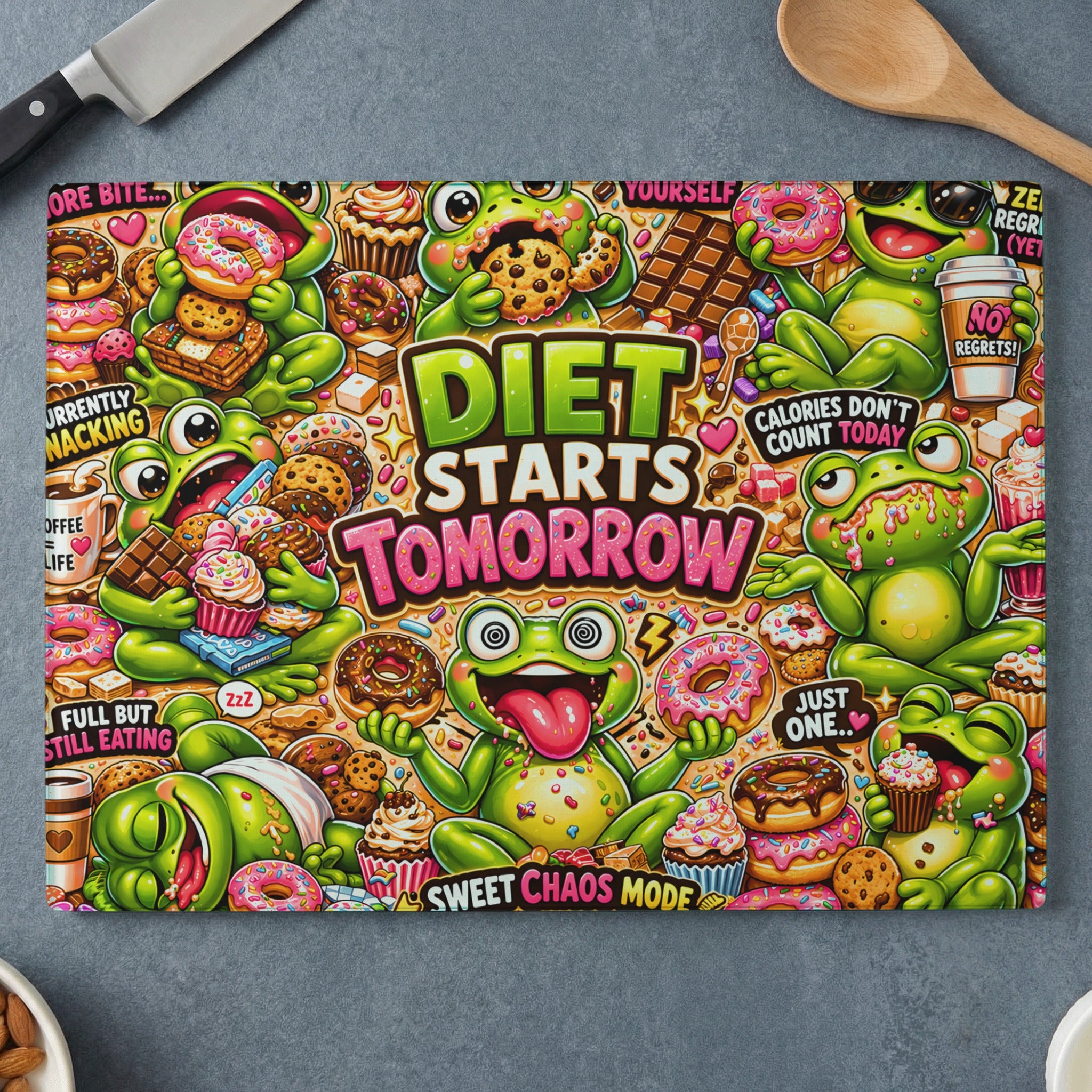 Frogs surrounded by donuts, cupcakes, and text that reads "Diet Starts Tomorrow."