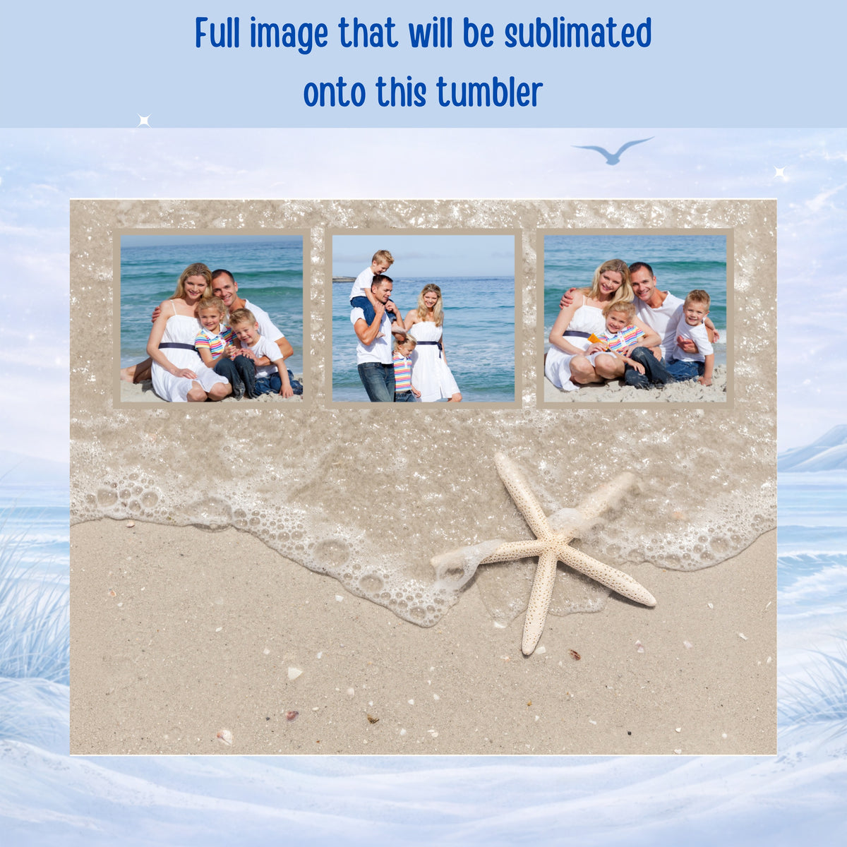 Three framed photos of a family on a beach, with a starfish on the sand.