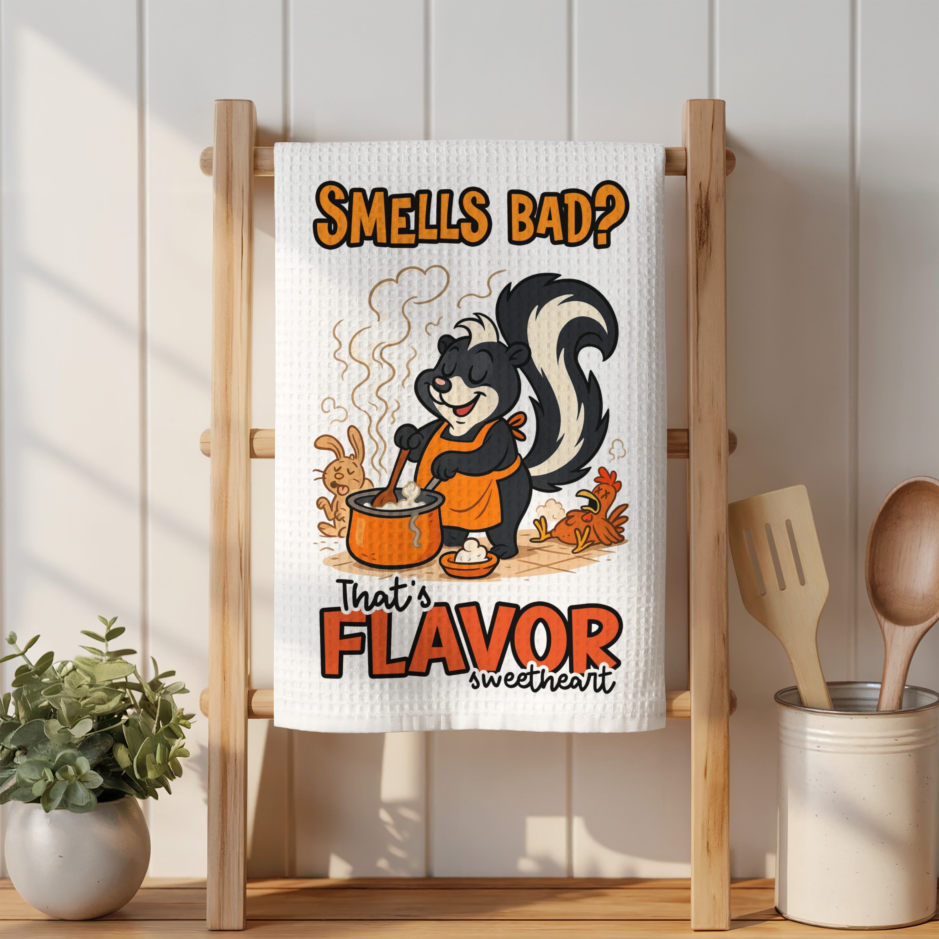 Skunk cooking soup, "Smells Bad? That's Flavor Sweetheart" text.