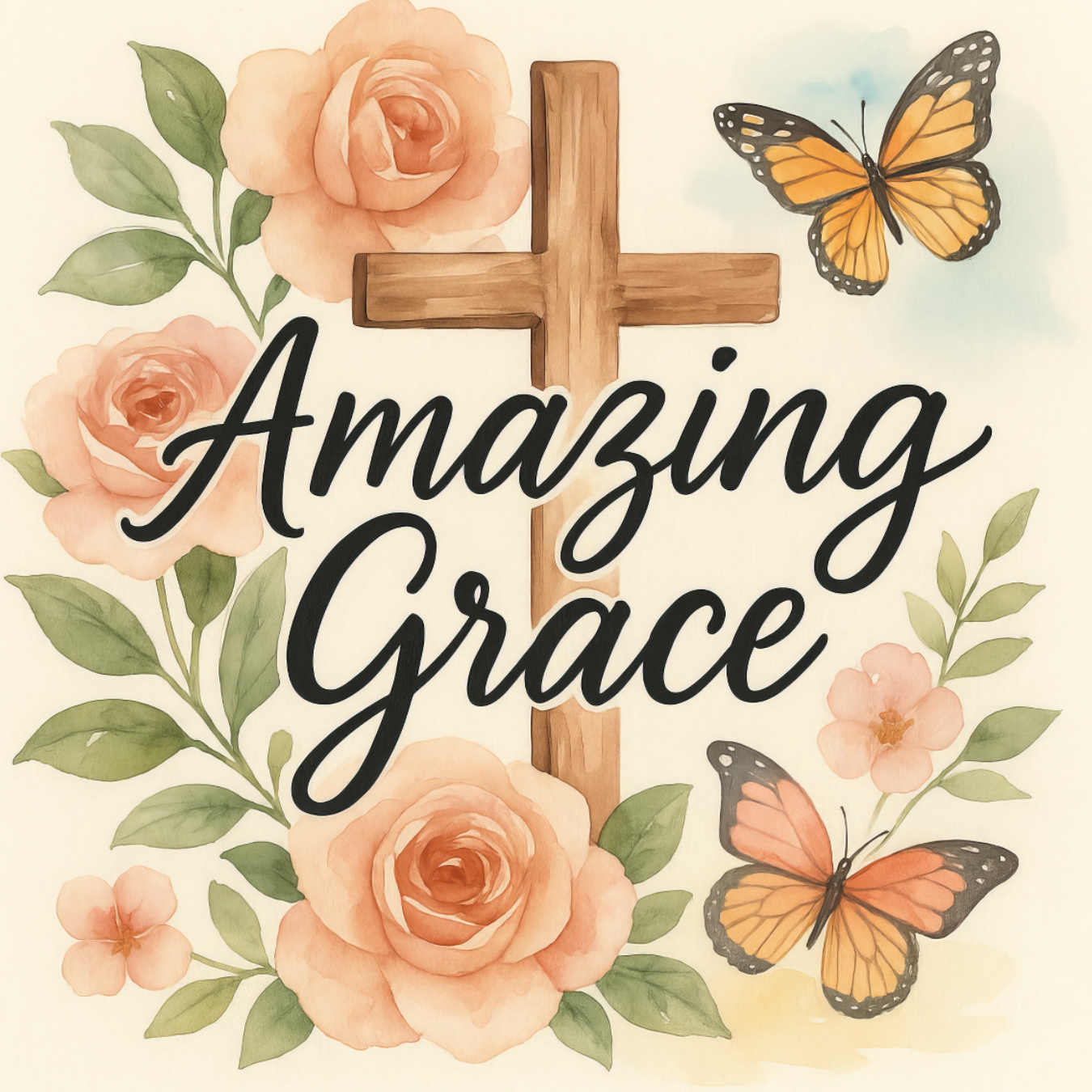 Wooden cross with "Amazing Grace" text, roses, and butterflies.