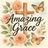 Wooden cross with "Amazing Grace" text, roses, and butterflies.