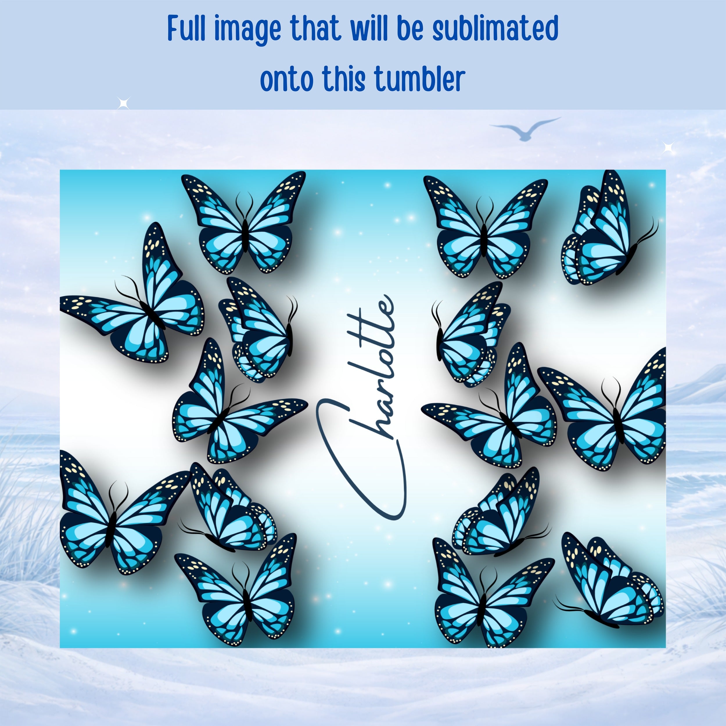 Blue butterflies with "Charlotte" text on a frosty blue background.